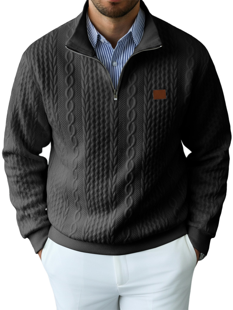 Men's Casual Solid Color Cable Knit Textured Quarter Zipper Stand Collar Sweatshirt