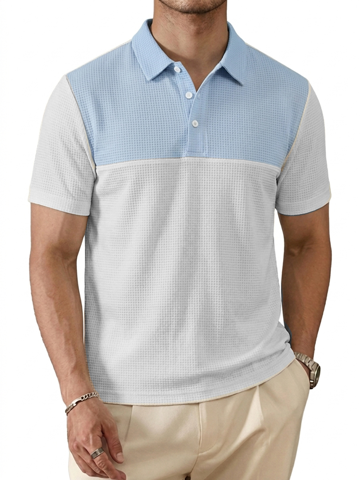 Color-Block Waffle-Knit Urban Casual Polo Shirt