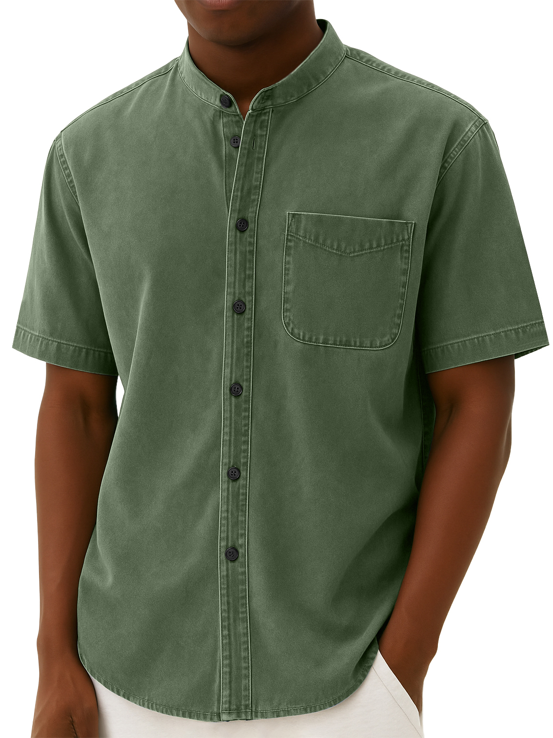 Men's Stylish Retro Distressed Pocket Work Short-sleeved Shirt With Stand-up Collar