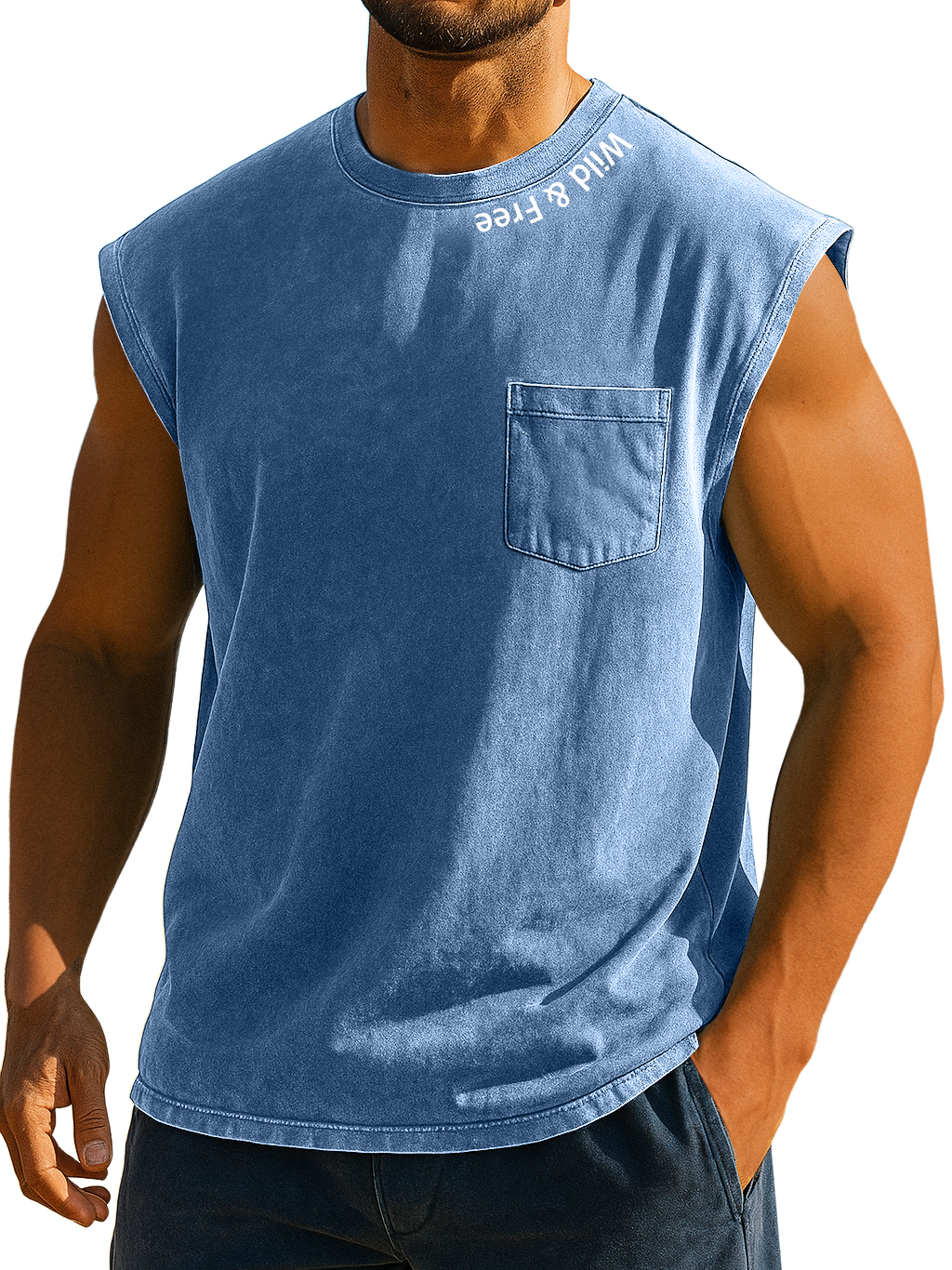 Men's Stylish Retro Distressed Pocket Wild And Liberty Print Sleeveless Top