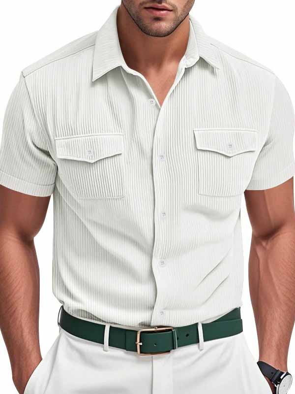 Men's Fashion Ribbed Work Pocket Short-sleeved Lapel Shirt