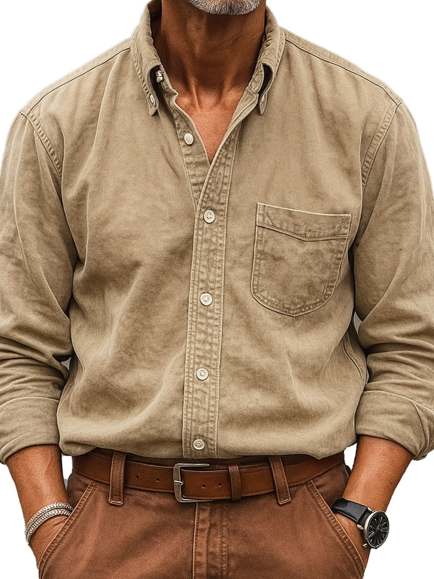Men's Wear Fashionable Retro Vintage Vintage Pocket Lapel Loose Long-sleeved Shirt