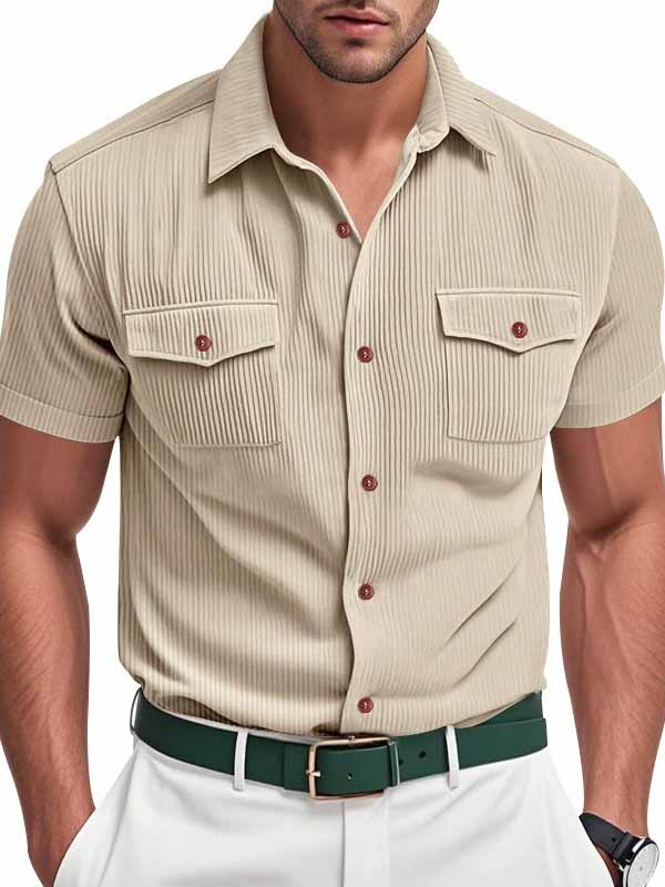 Men's Fashion Ribbed Work Pocket Short-sleeved Lapel Shirt