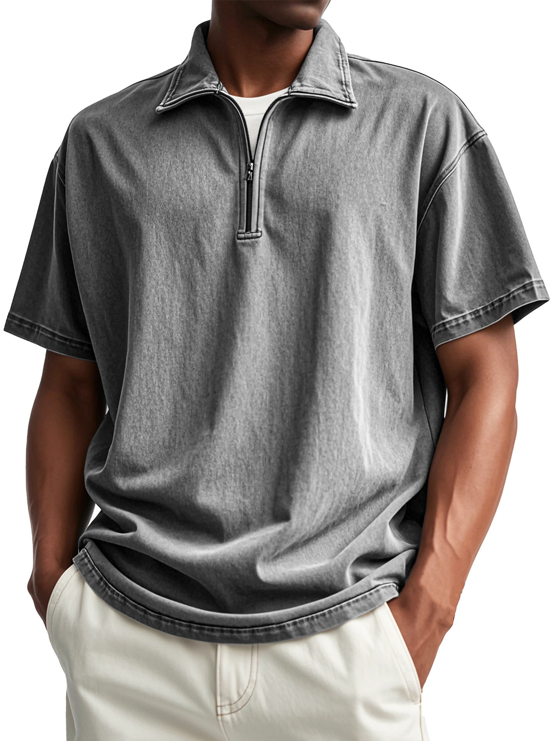 Men's Fashion Retro Distressed Short Sleeve Stand Collar Zip Polo Shirt