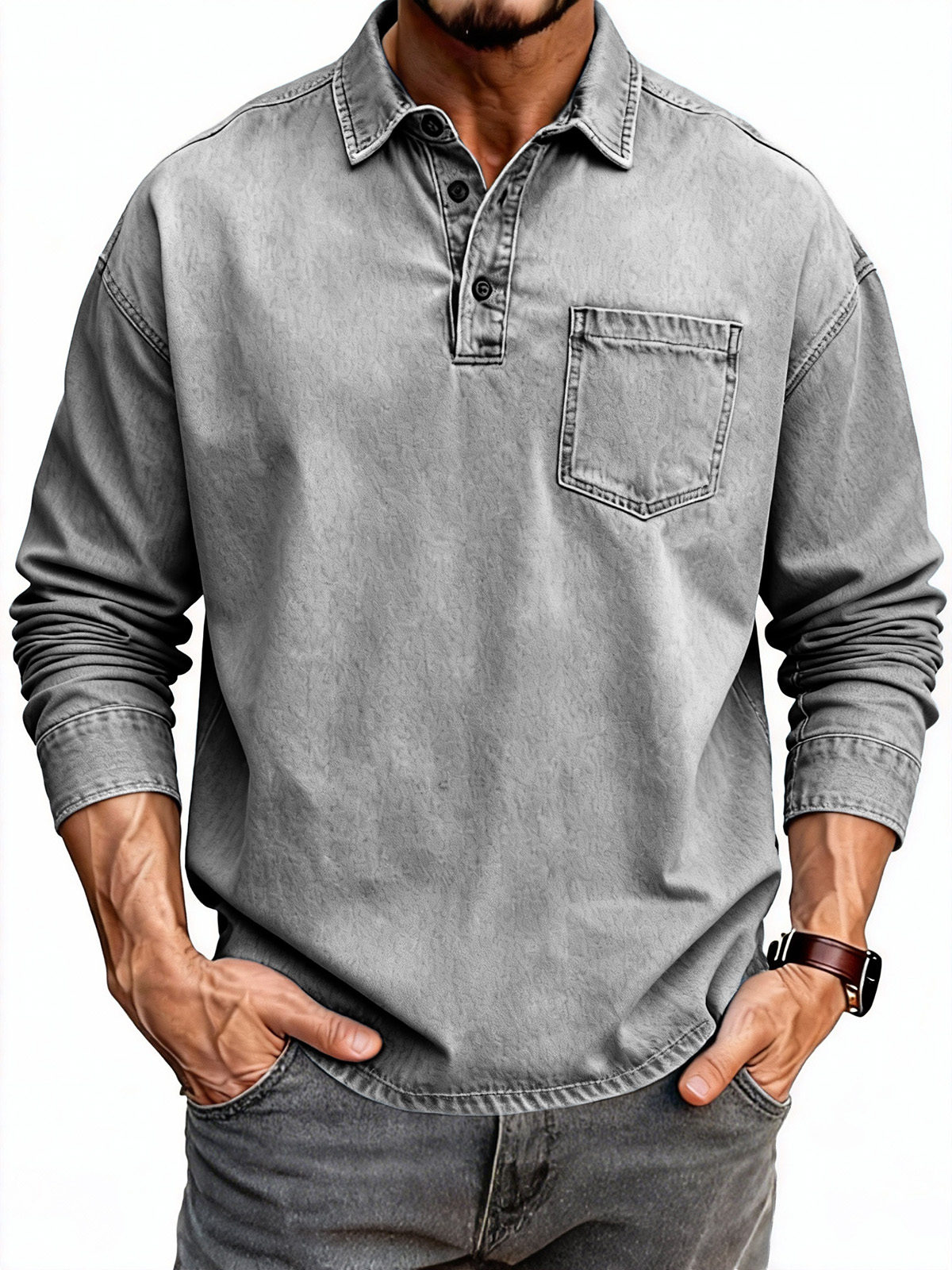 Men's Fashion Retro Distressed Lapel Pocket Long-Sleeve Polo Shirt