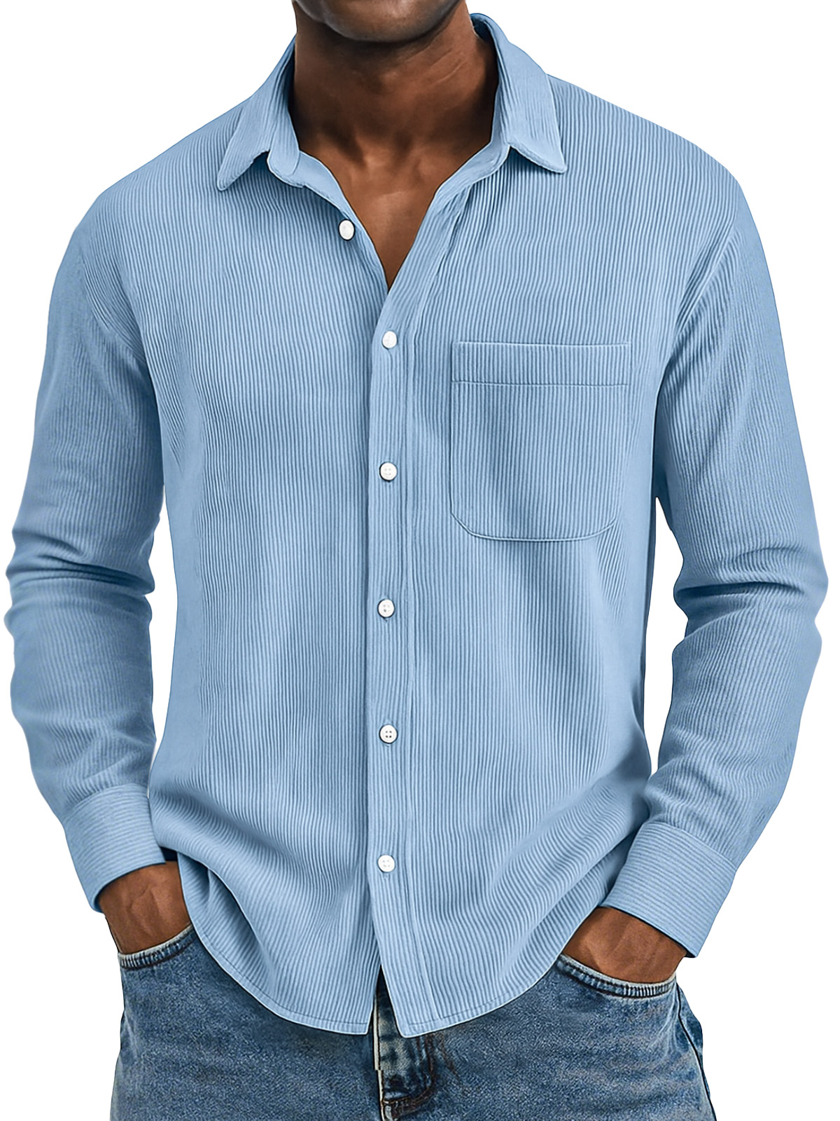 Men's Casual Solid Color Vertical Pit Strip Pocket Lapel Long-sleeved Shirt