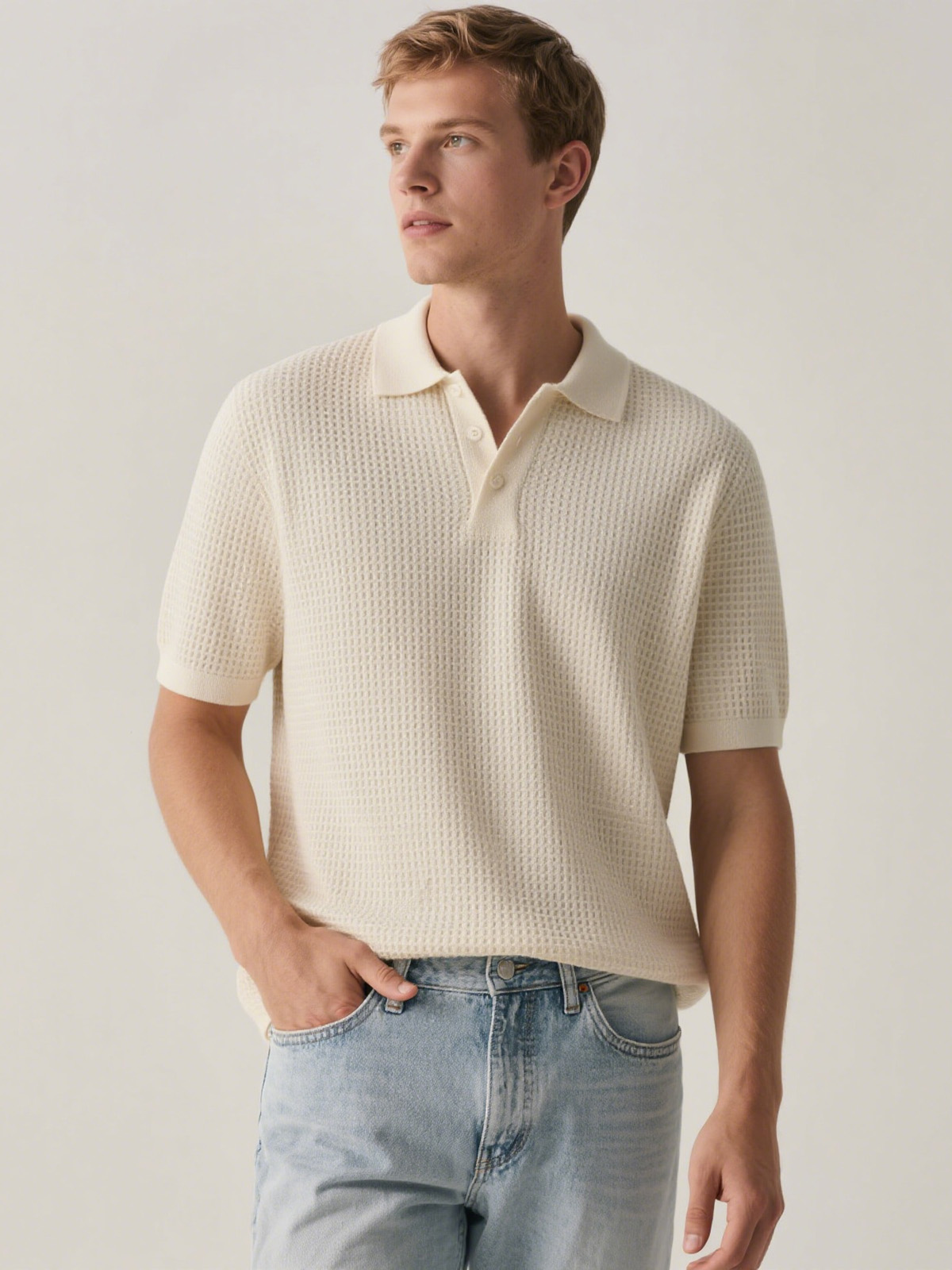 Men's Everyday Solid Color Waffle Short Sleeve Lapel Polo Shirt