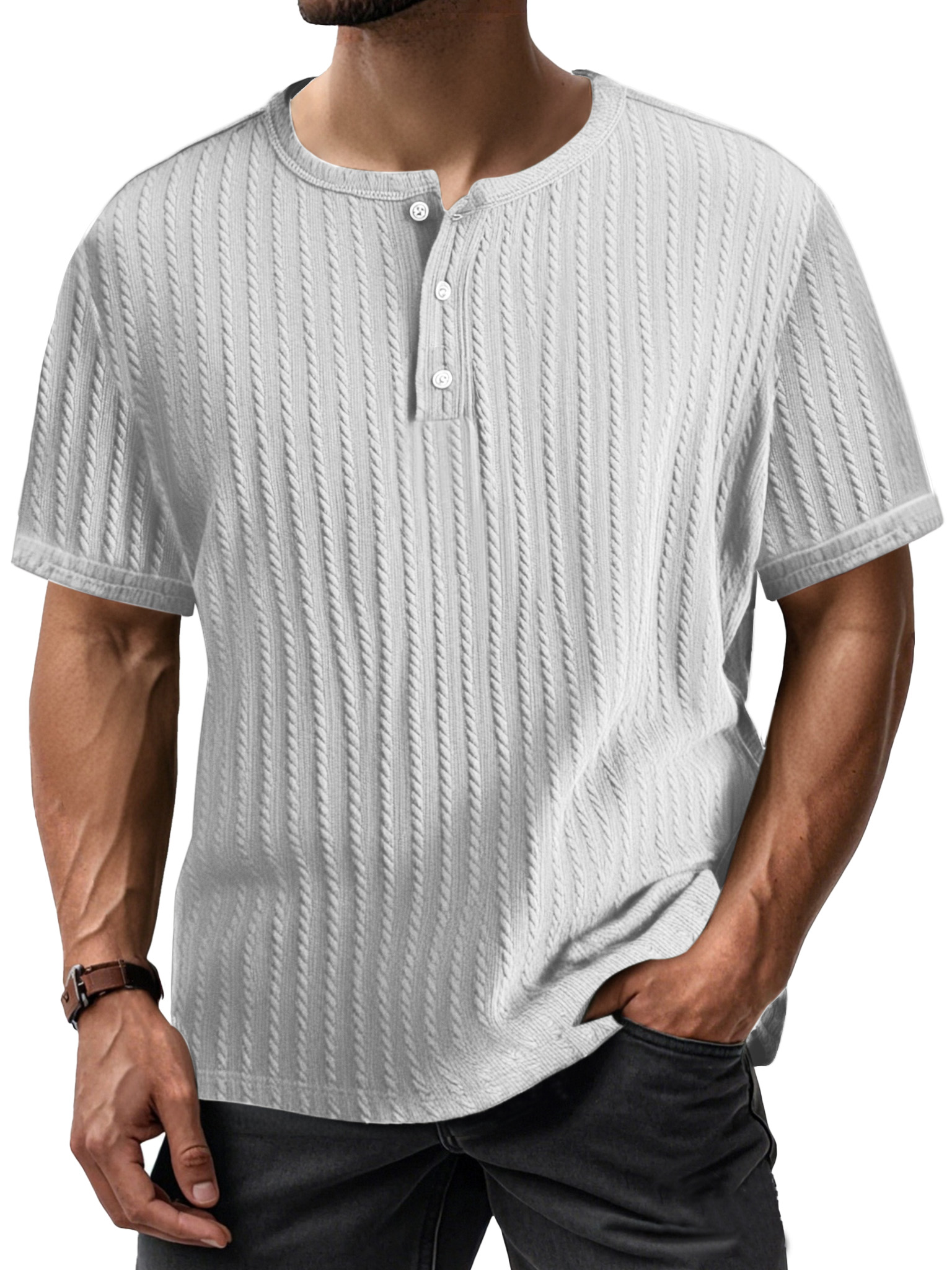 Men's Simple Casual Textured Short-sleeved Henley Shirt