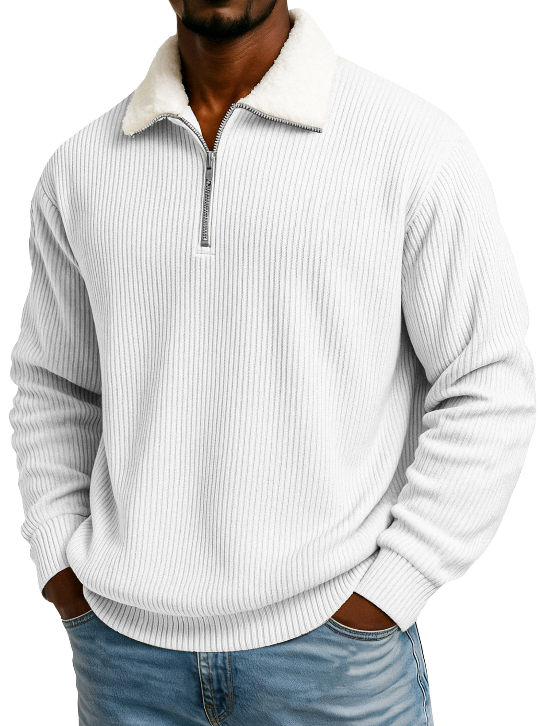 Men's Winter Pit Striped Plush Stand Collar Casual Sweatshirt