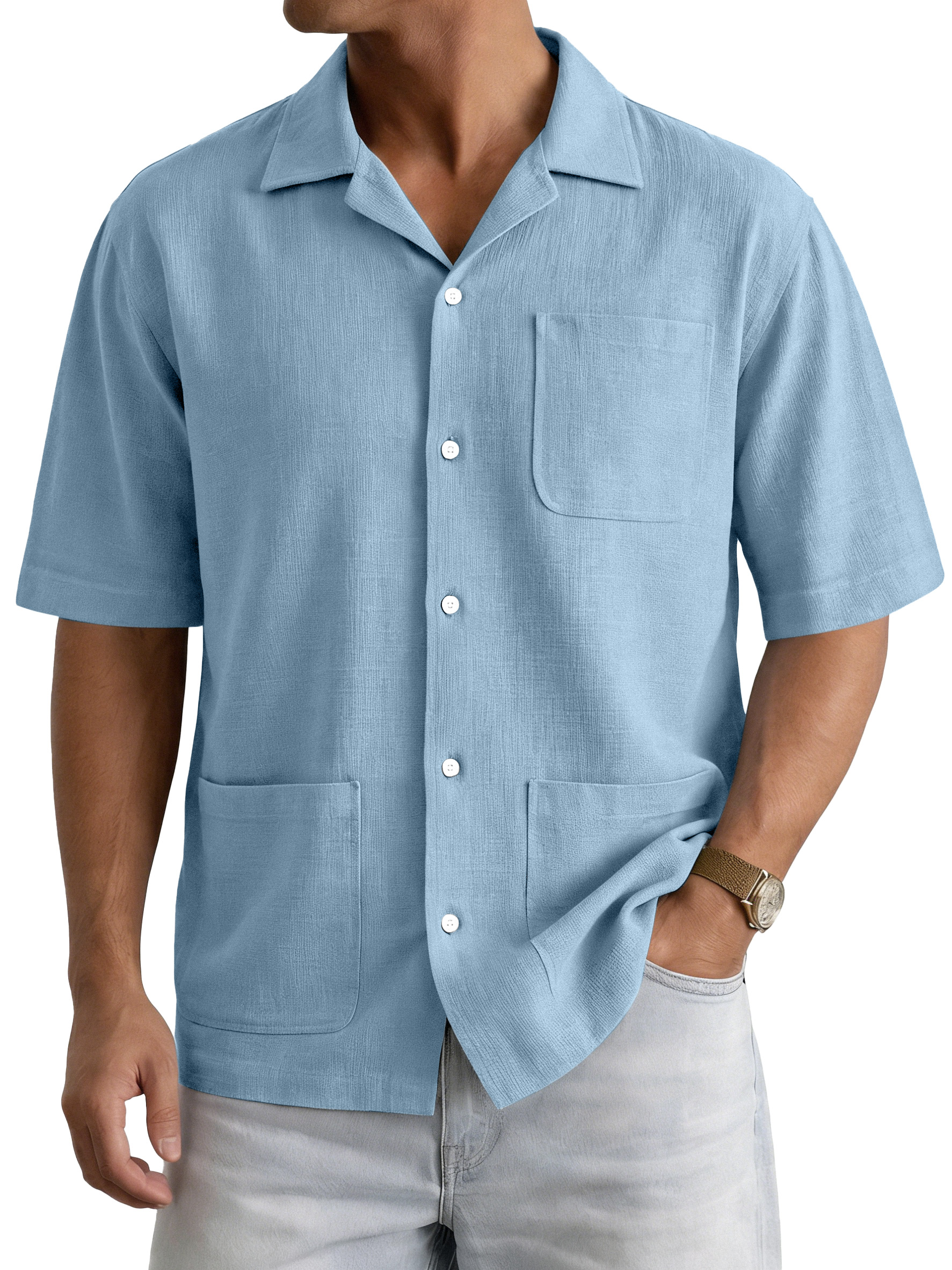 Men's Casual Simple Solid Color Multi-Pocket Cuban Collar Short-Sleeve Shirt