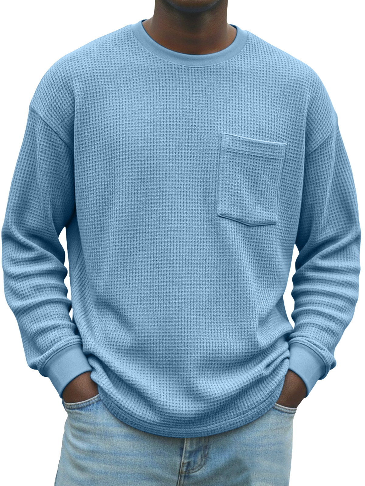 Men's Stylish Waffle-knit Pocket Long-sleeved Crew Neck T-shirt