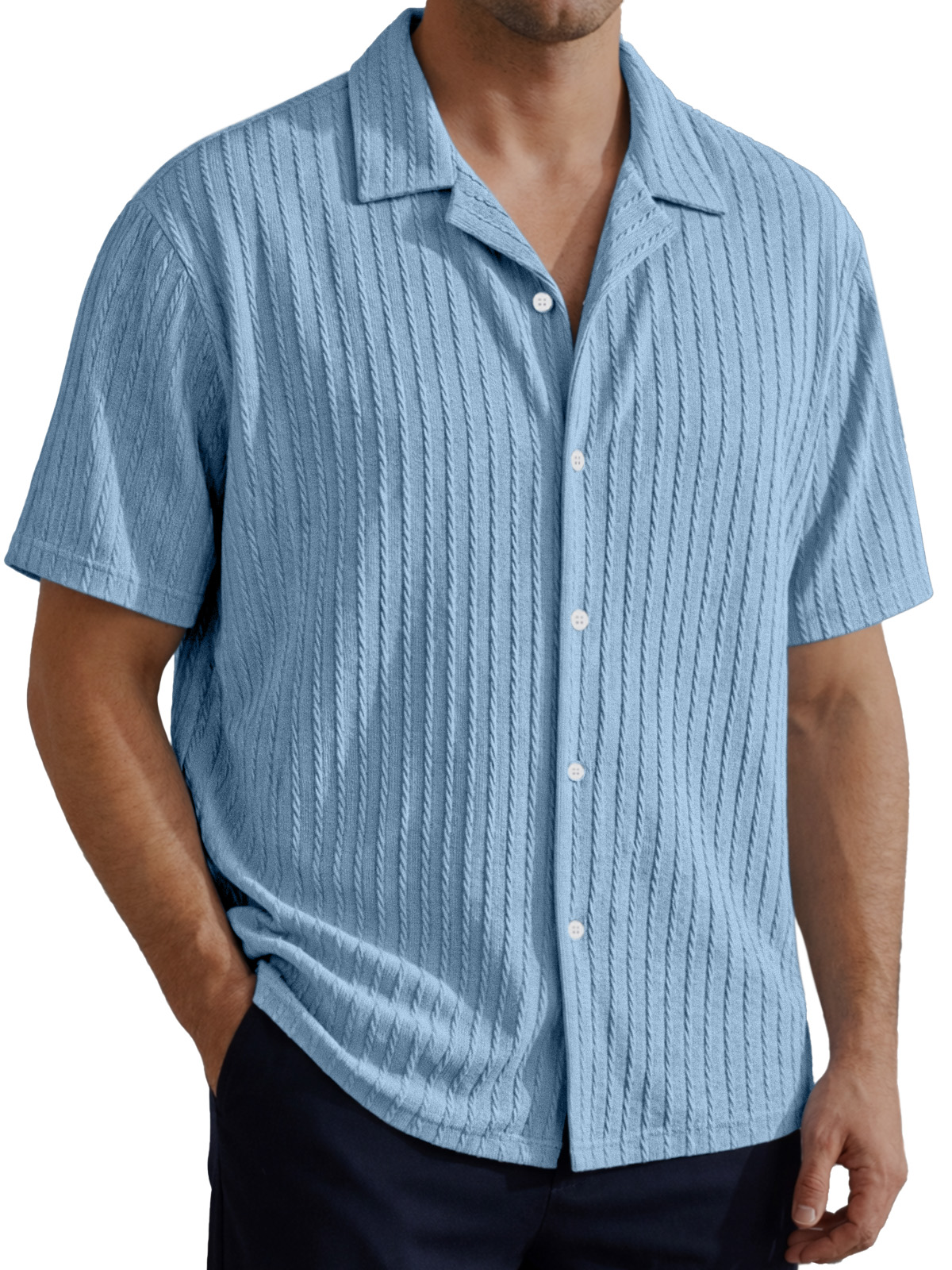 Men's Simple Solid Color Cable Knit Textured Short-Sleeve Collared Shirt