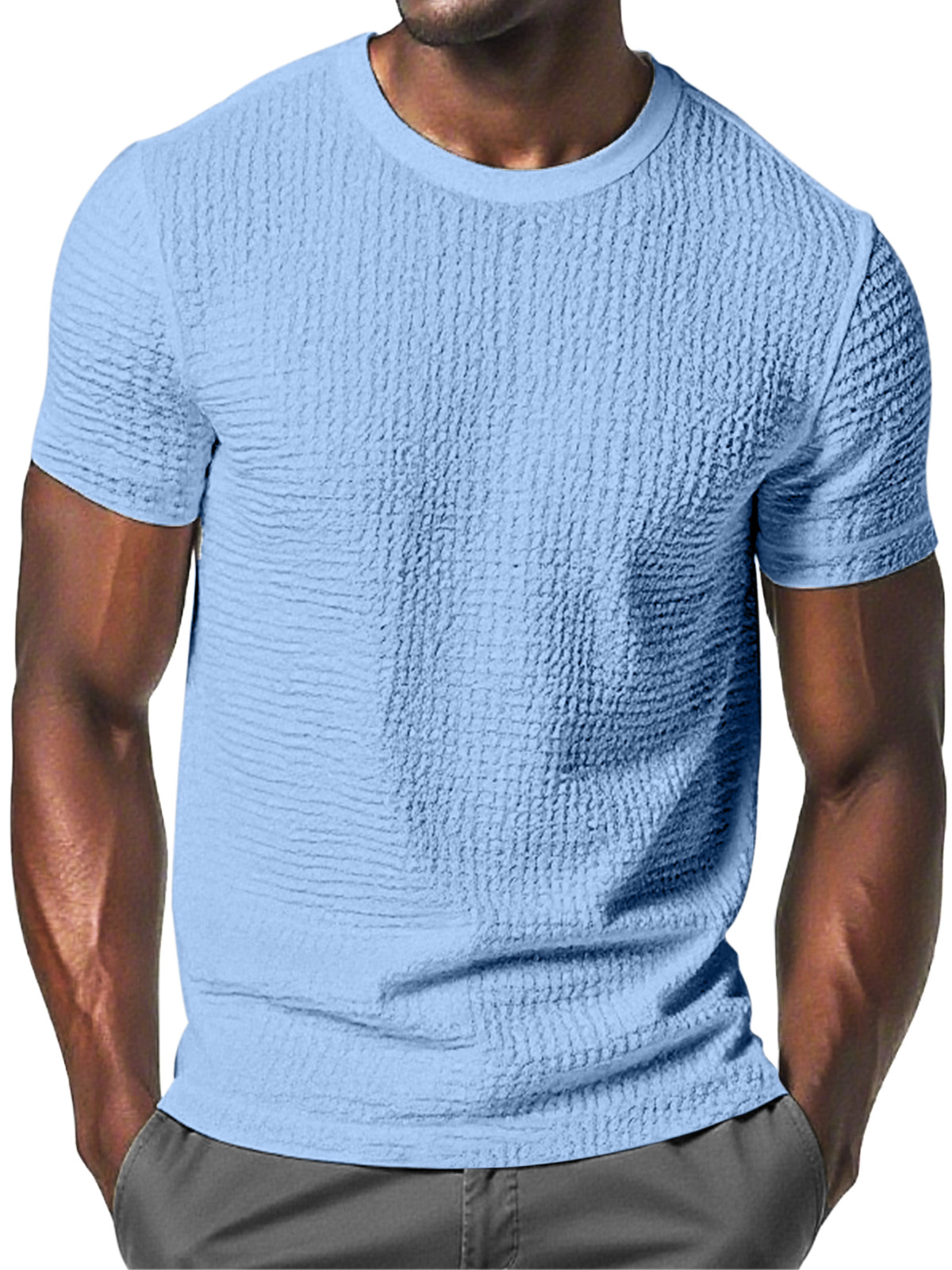 Men's Daily Solid Color Pleated Texture Comfortable Round Neck Short-sleeved T-shirt