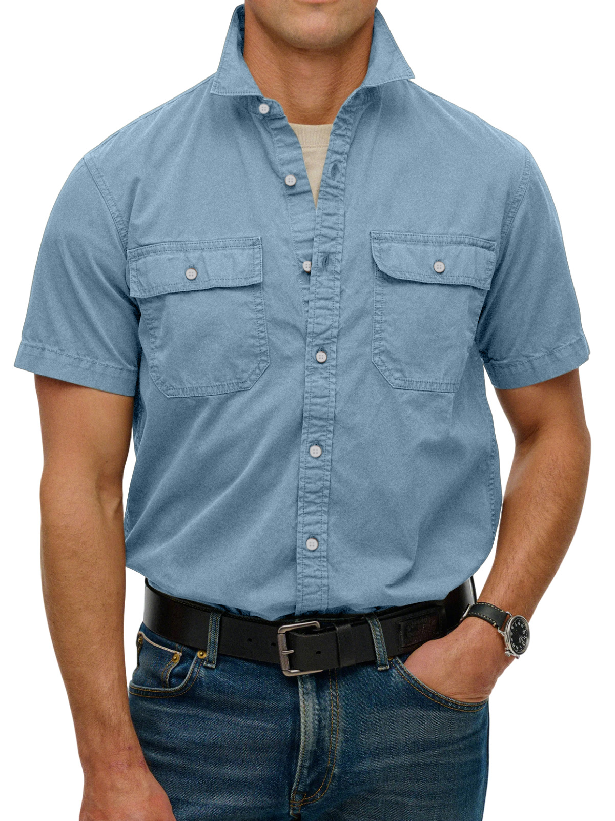 Men's simple double-pocket lapel button-down short-sleeved shirt