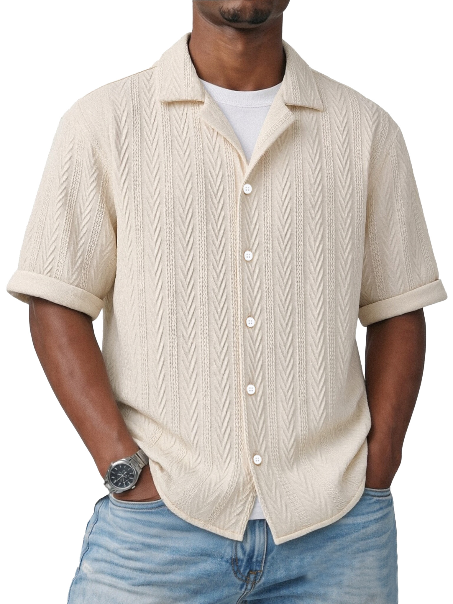 Simple Everyday Textured Short-sleeved Cuban Collar Shirt
