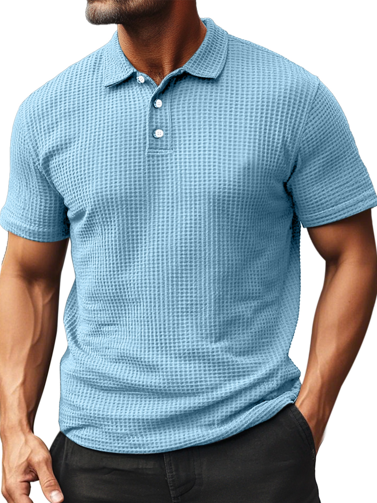 Men's Summer Daily Waffle Texture Short Sleeve Button-up Polo Shirt