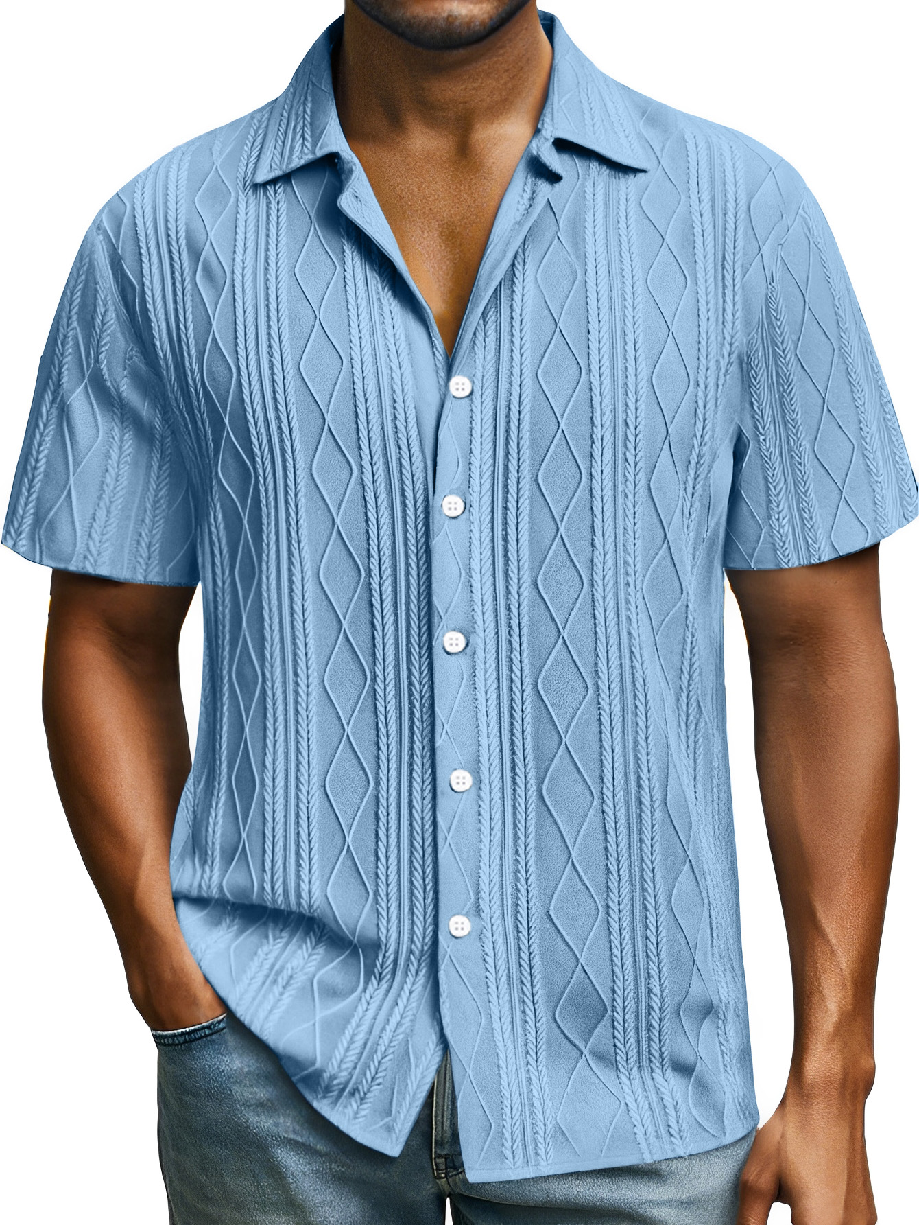 Men's Casual Daily Simple Solid Color Texture Button Lapel Short-sleeved Shirt