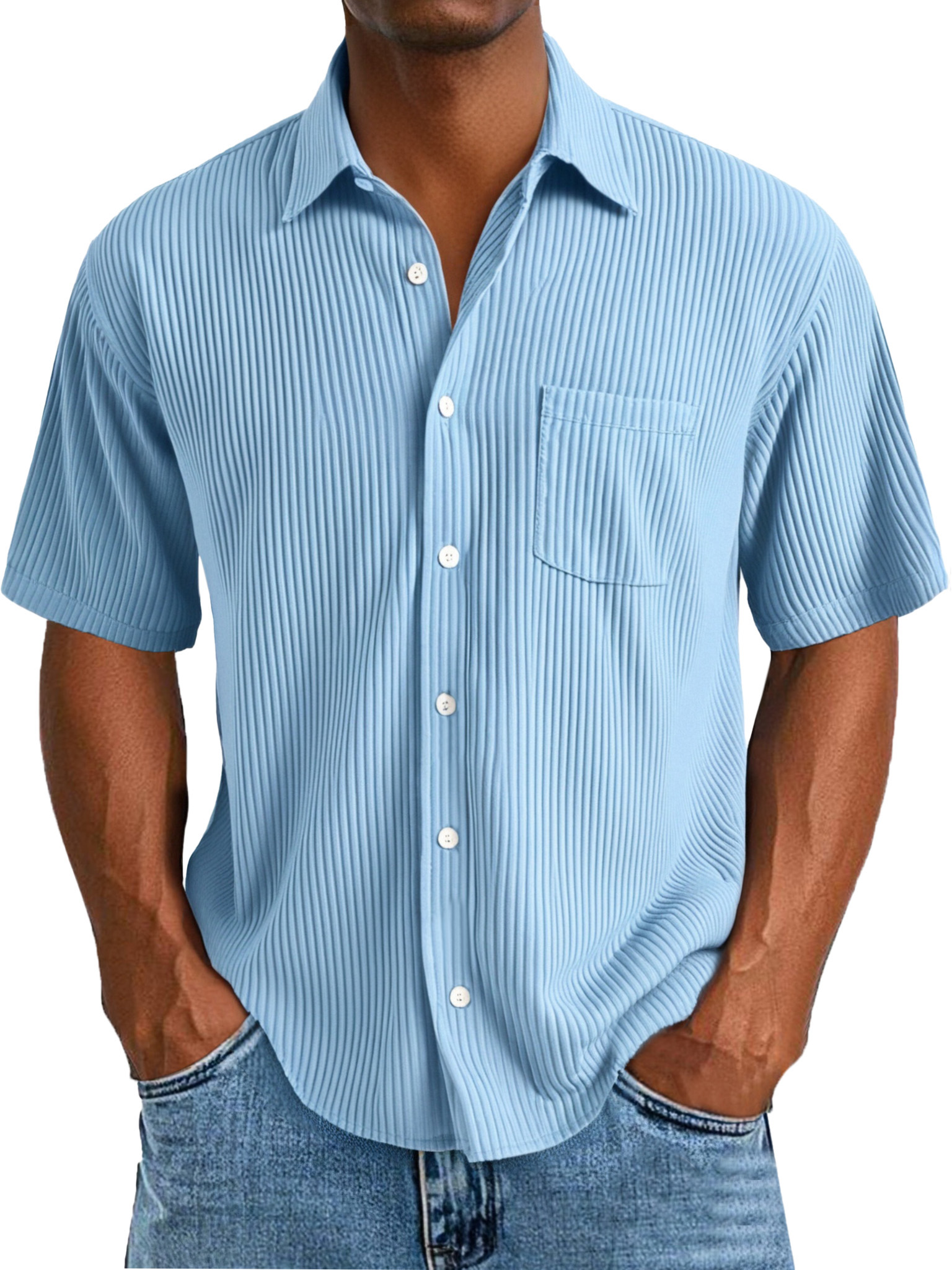 Men's Daily Casual Solid Color Vertical Pit Short-sleeved Lapel Shirt
