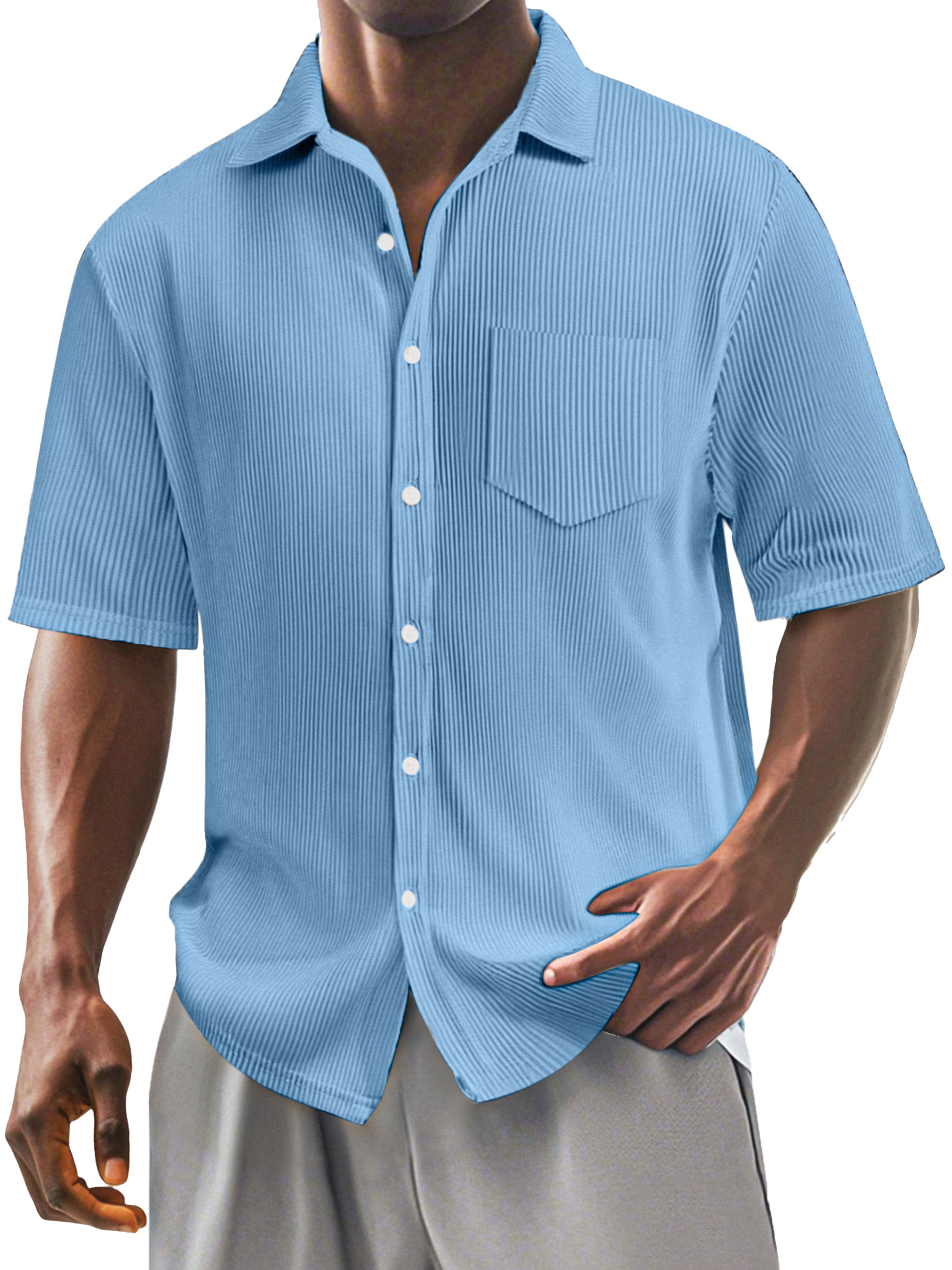 Men's Casual Simple Solid Color Vertical Pit Short-sleeved Shirt