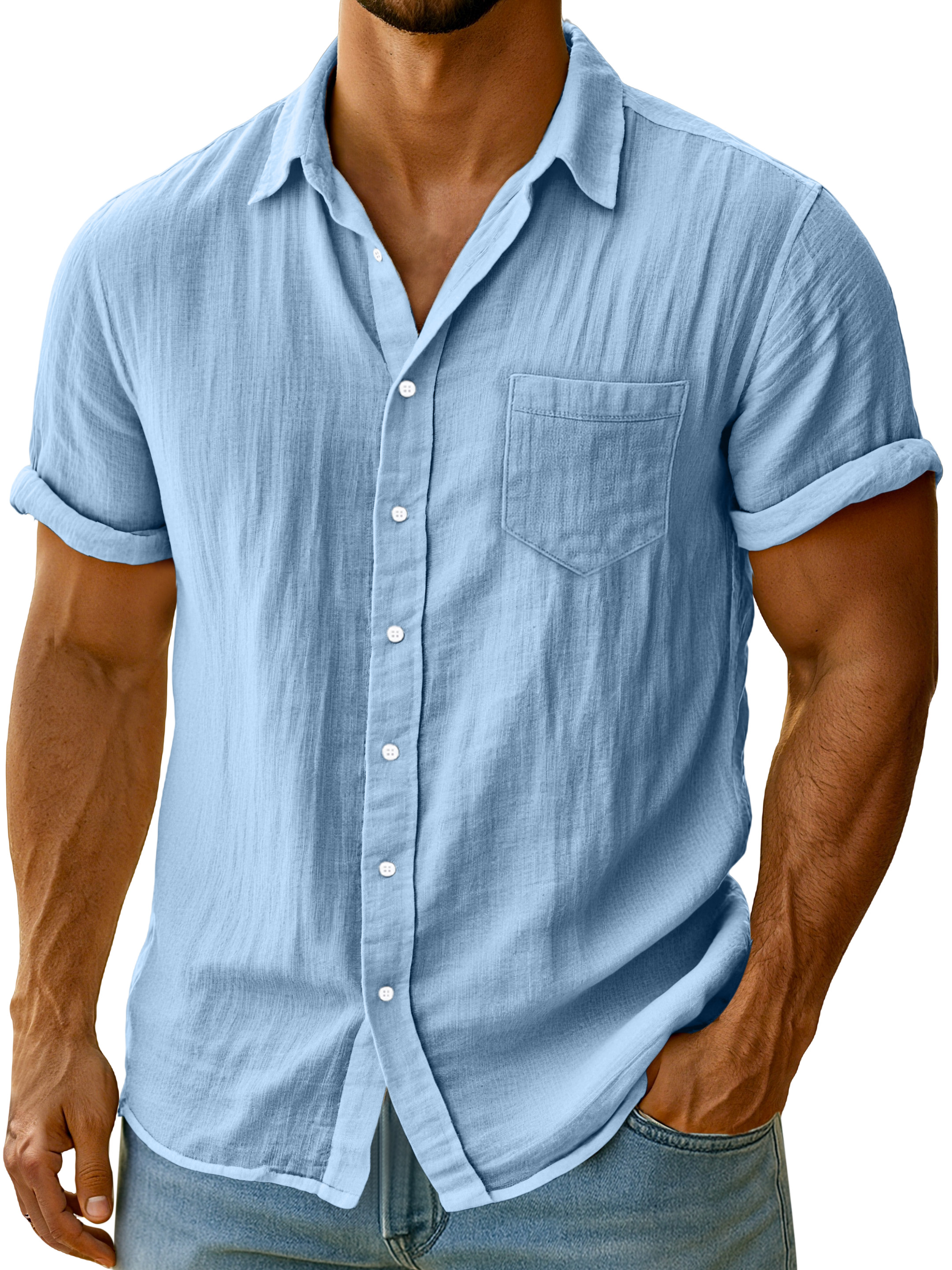Men's Casual Solid Color Breathable Imitation Linen Button Short-sleeved Shirt