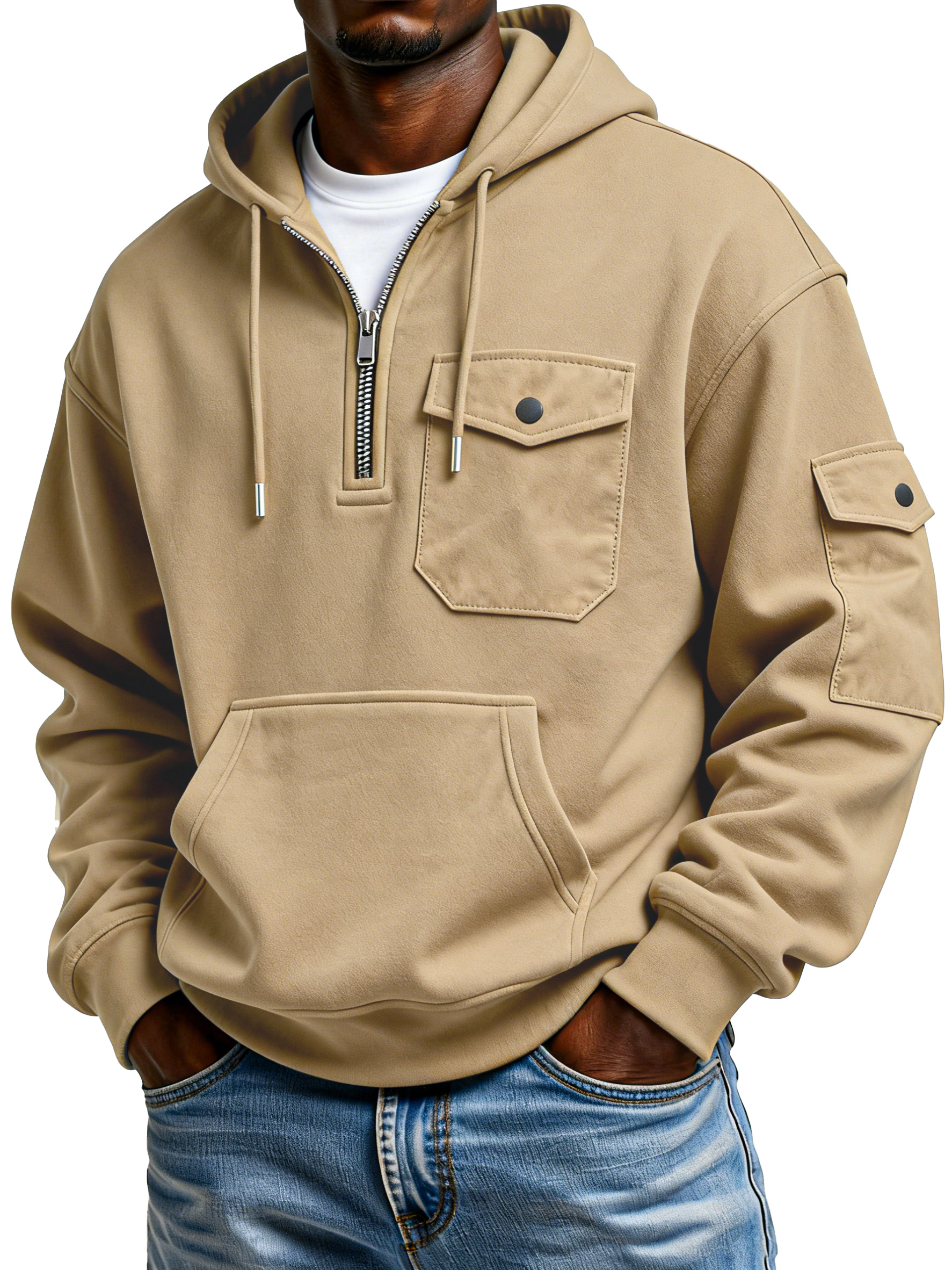 Men's Simple And Comfortable Multi-pocket Workwear Hooded Sweatshirt