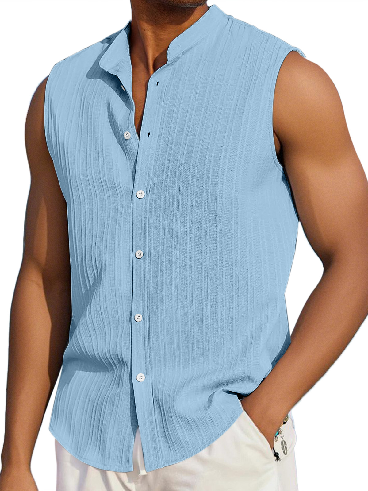 Men's Summer Casual Solid Color Vertical Stripe Loose Lapel Button Sleeveless Shirt