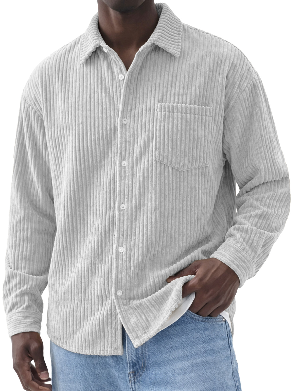 Men's Simple Solid Color Corduroy Long-Sleeve Polo Shirt
