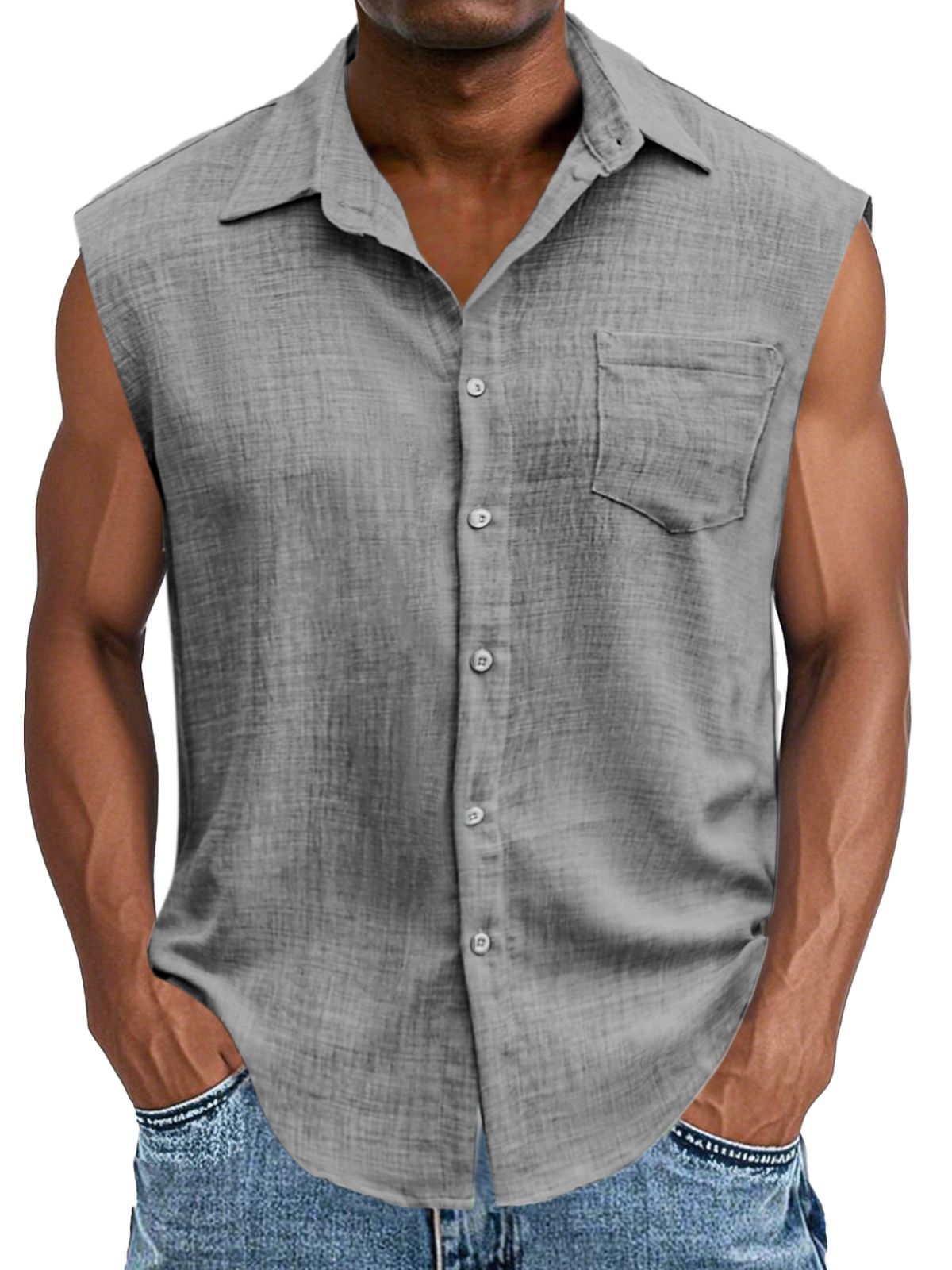 Men's Casual And Comfortable Imitation Linen Button Sleeveless Lapel Shirt