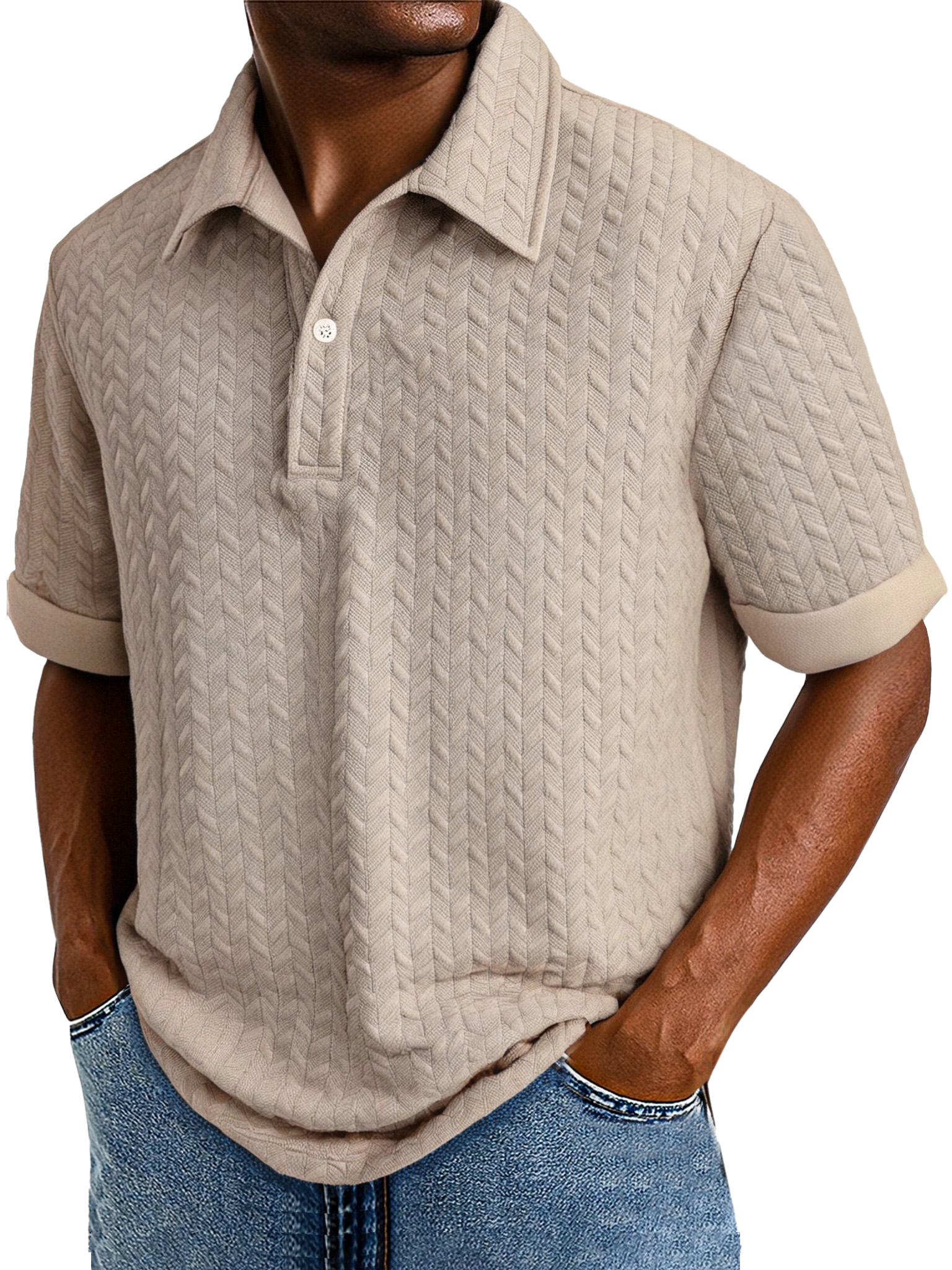 Men's Comfortable Solid Color Textured Short-sleeved Lapel Polo Shirt
