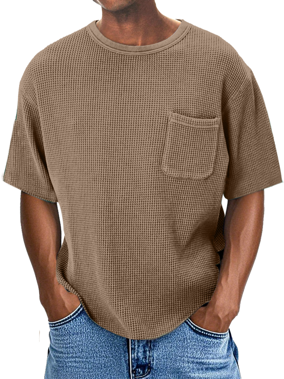 Men's Casual Daily Comfortable Loose Waffle Pocket Short Sleeve T-shirt