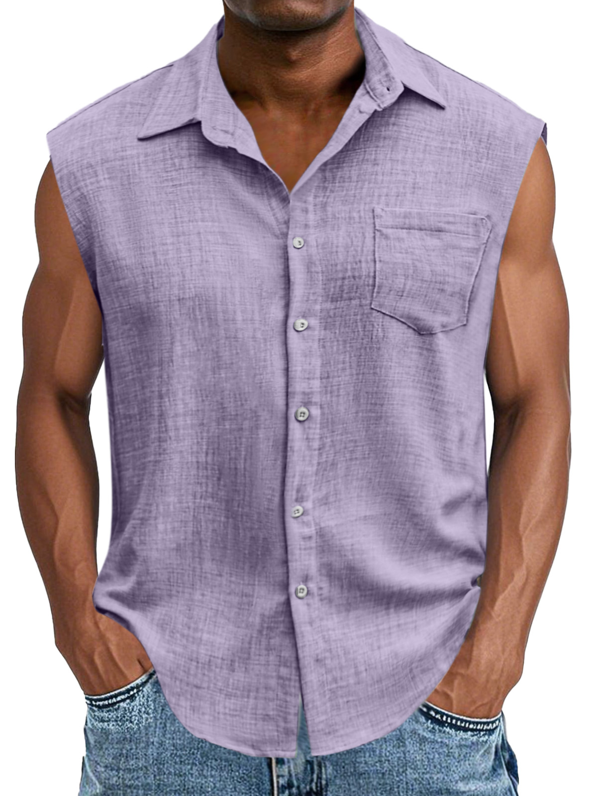 Men's Casual And Comfortable Imitation Linen Button Sleeveless Lapel Shirt