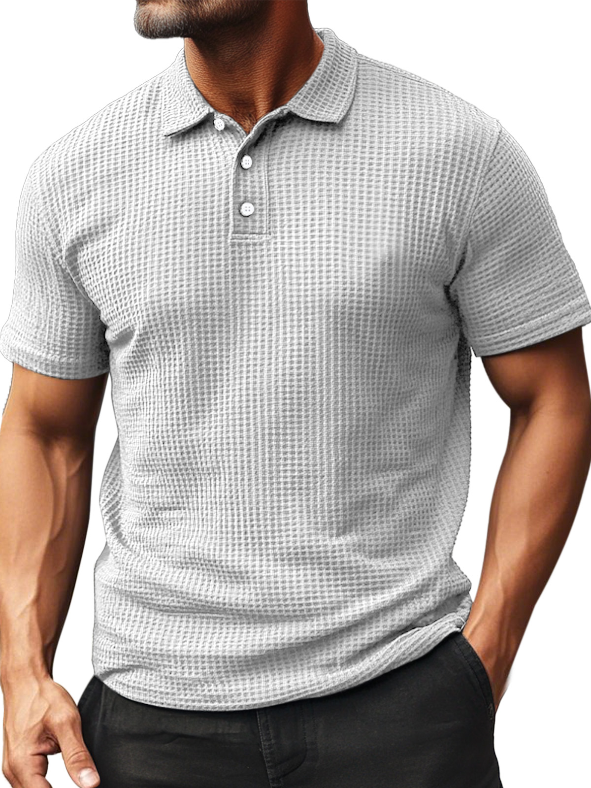 Men's Summer Daily Waffle Texture Short Sleeve Button-up Polo Shirt