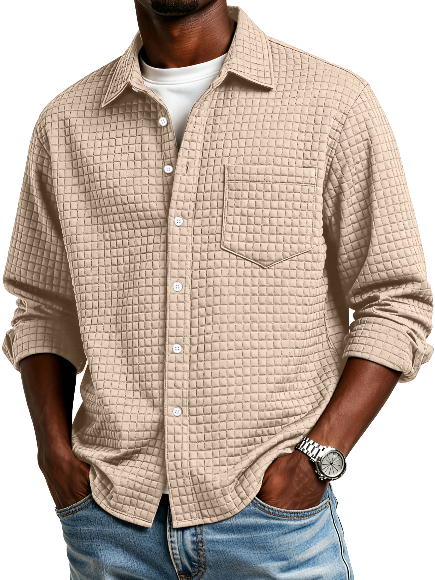 Men's Simple Small Checkered Textured Lapel Button-down Long-sleeved Shirt