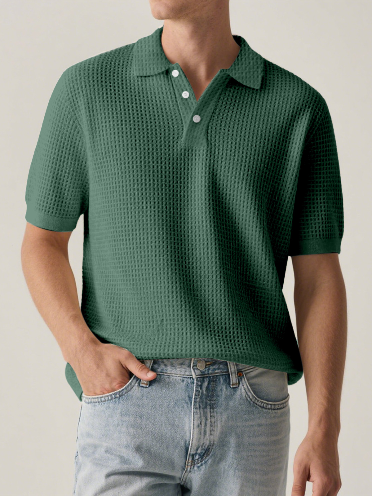 Men's Everyday Solid Color Waffle Short Sleeve Lapel Polo Shirt