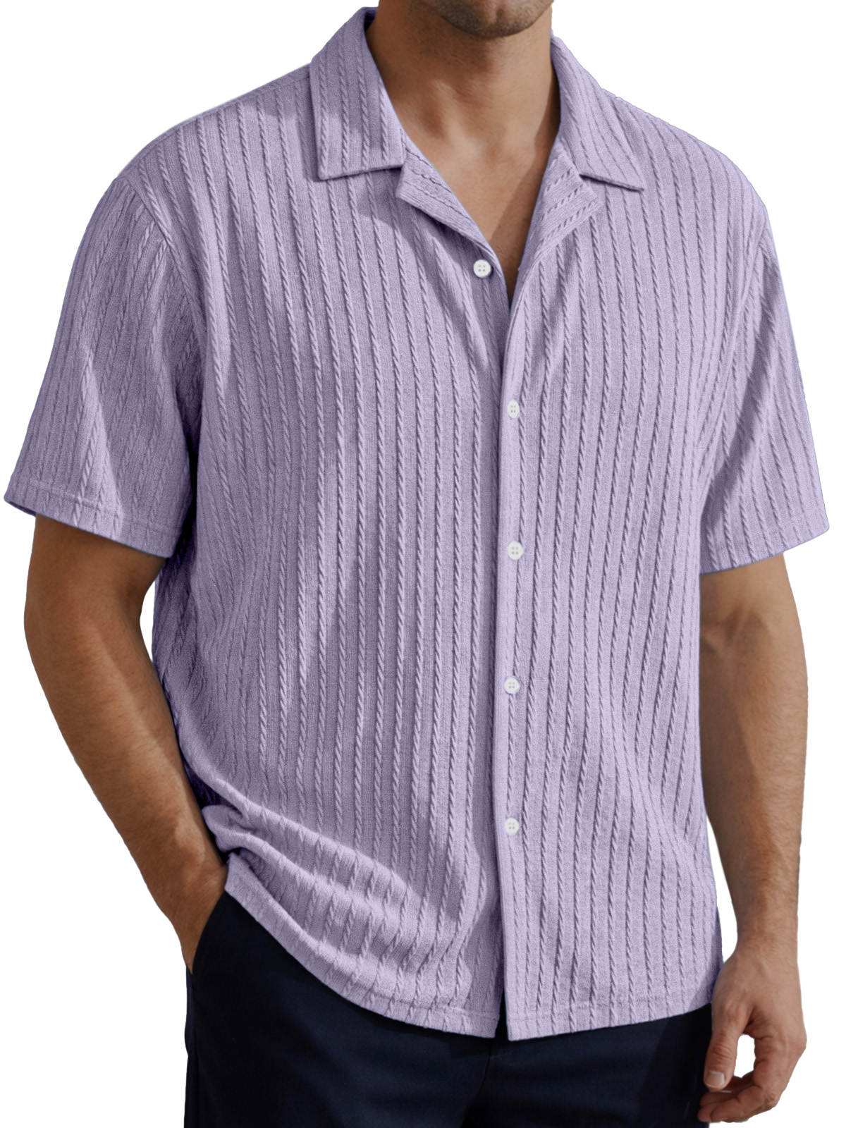 Men's Simple Solid Color Cable Knit Textured Short-Sleeve Collared Shirt