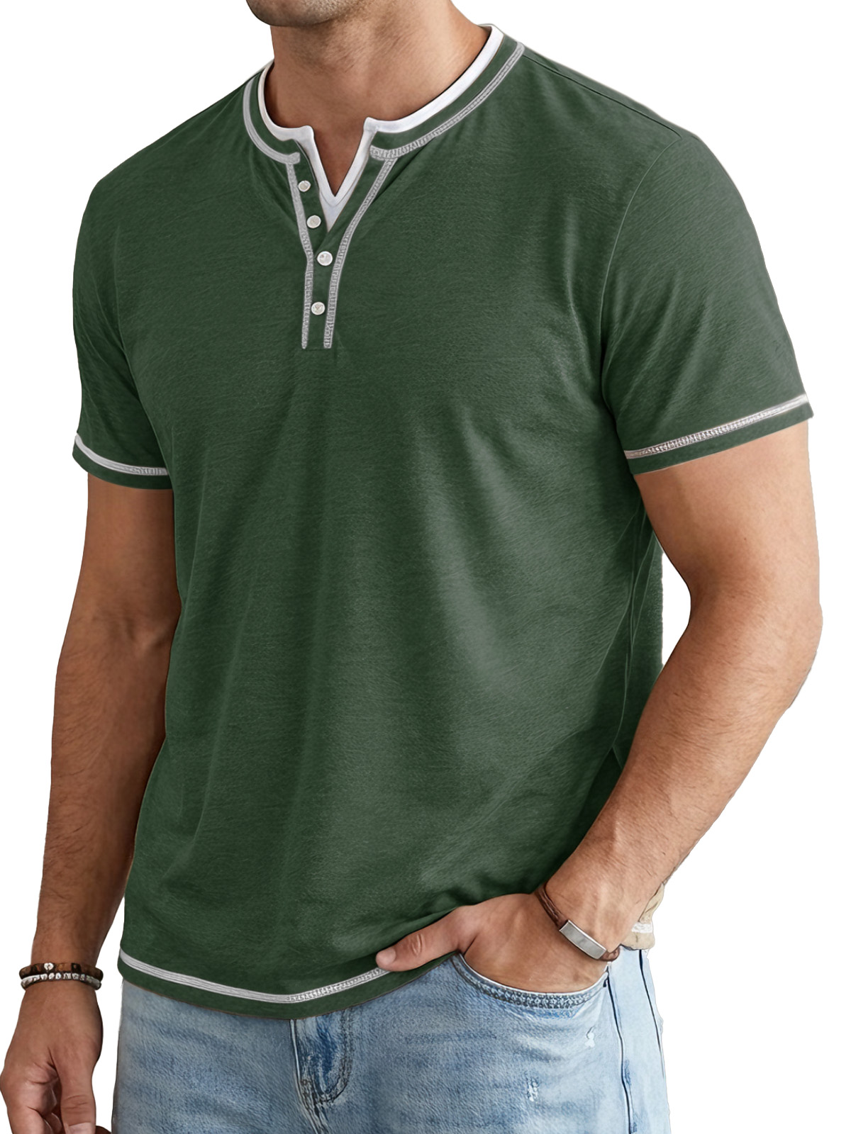 Men's Short Sleeve Color Block Fake Two Piece Henley Shirt