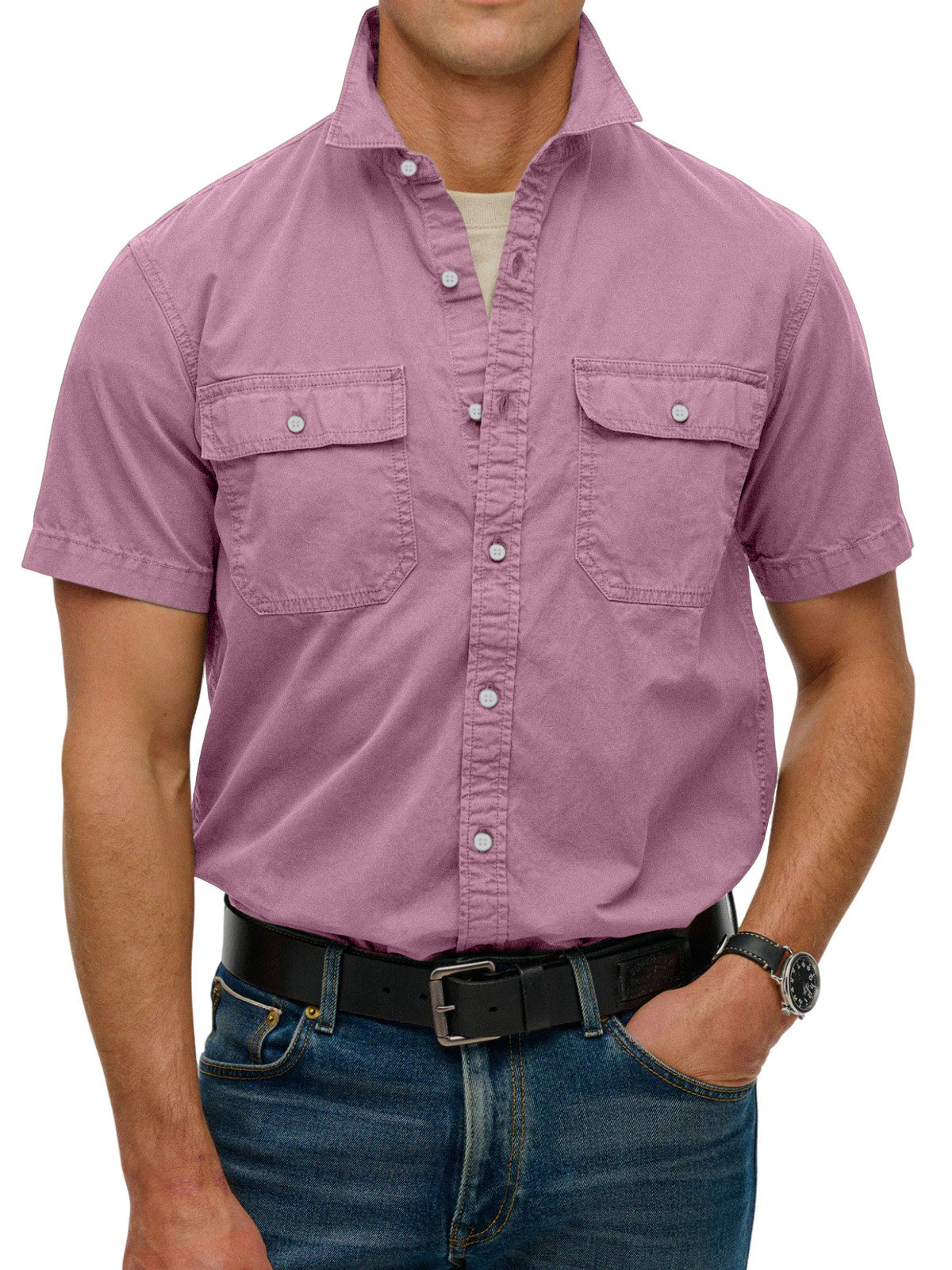 Men's simple double-pocket lapel button-down short-sleeved shirt