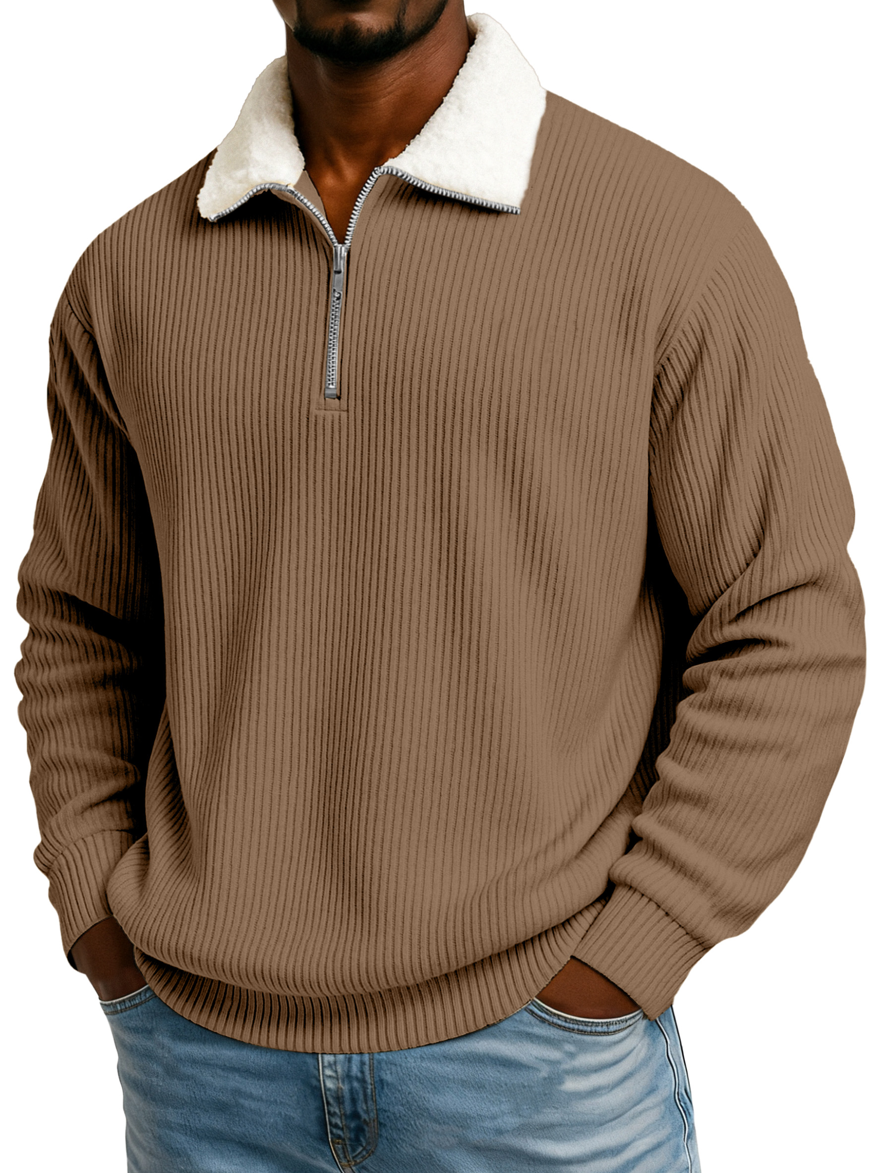 Men's Winter Pit Striped Plush Stand Collar Casual Sweatshirt