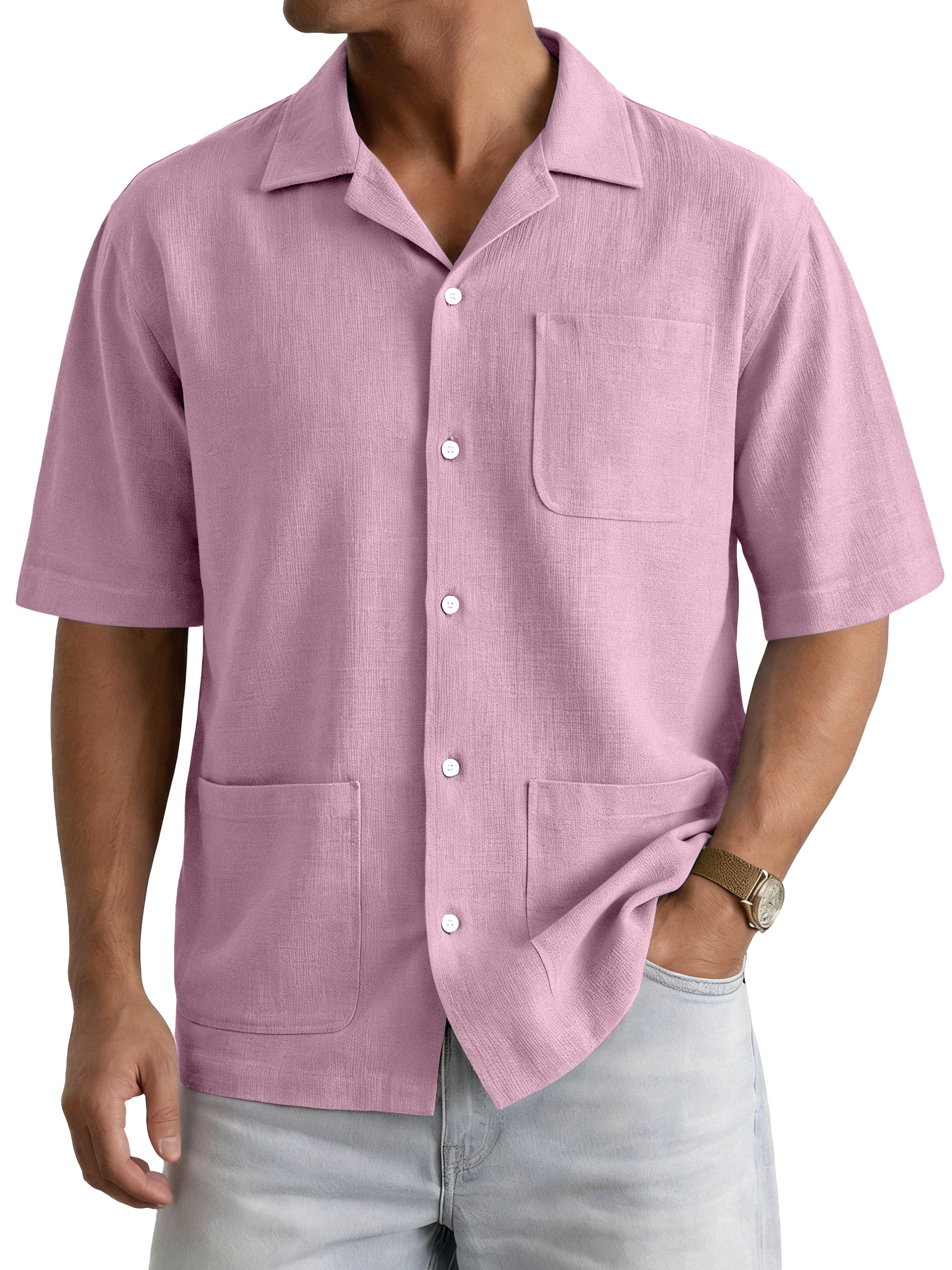 Men's Casual Simple Solid Color Multi-Pocket Cuban Collar Short-Sleeve Shirt