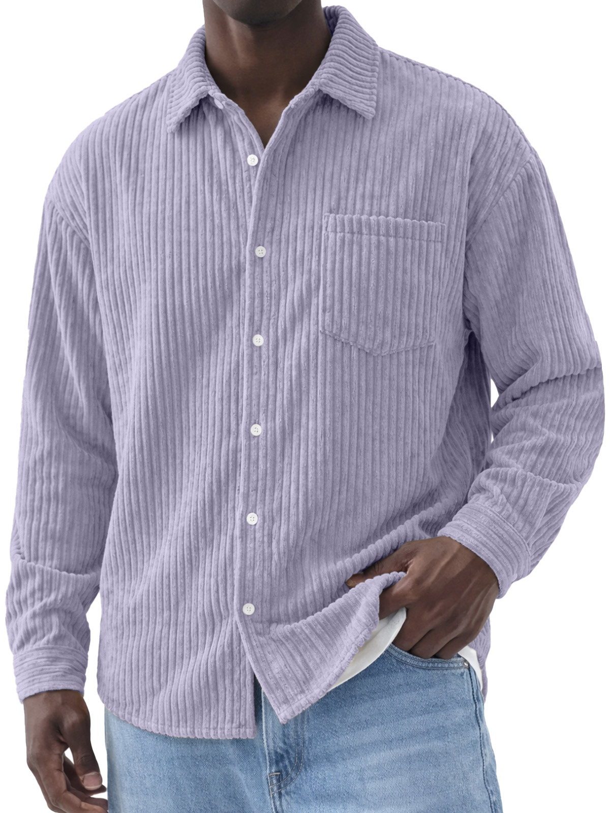 Men's Simple Solid Color Corduroy Long-Sleeve Polo Shirt