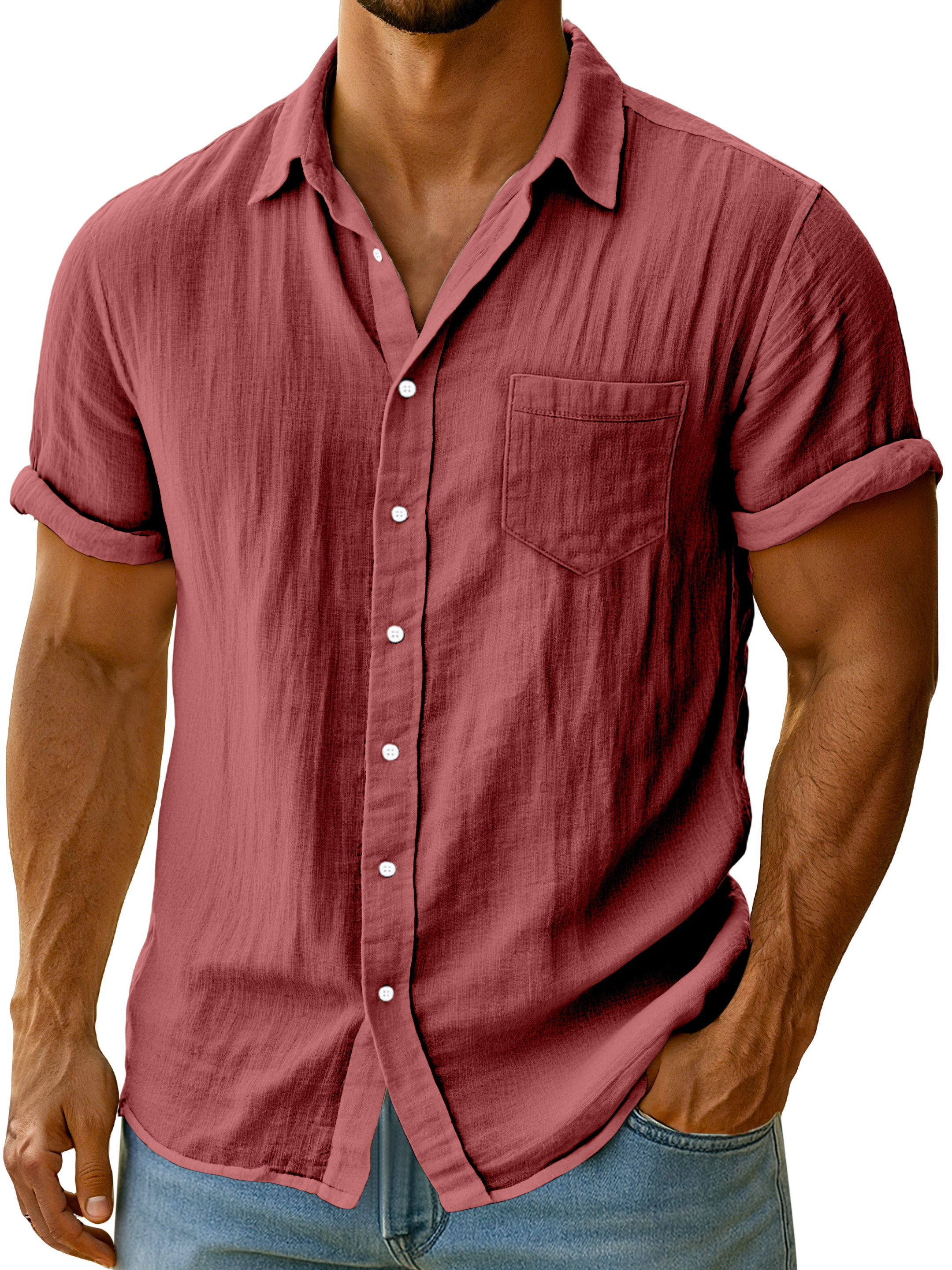 Men's Casual Solid Color Breathable Imitation Linen Button Short-sleeved Shirt