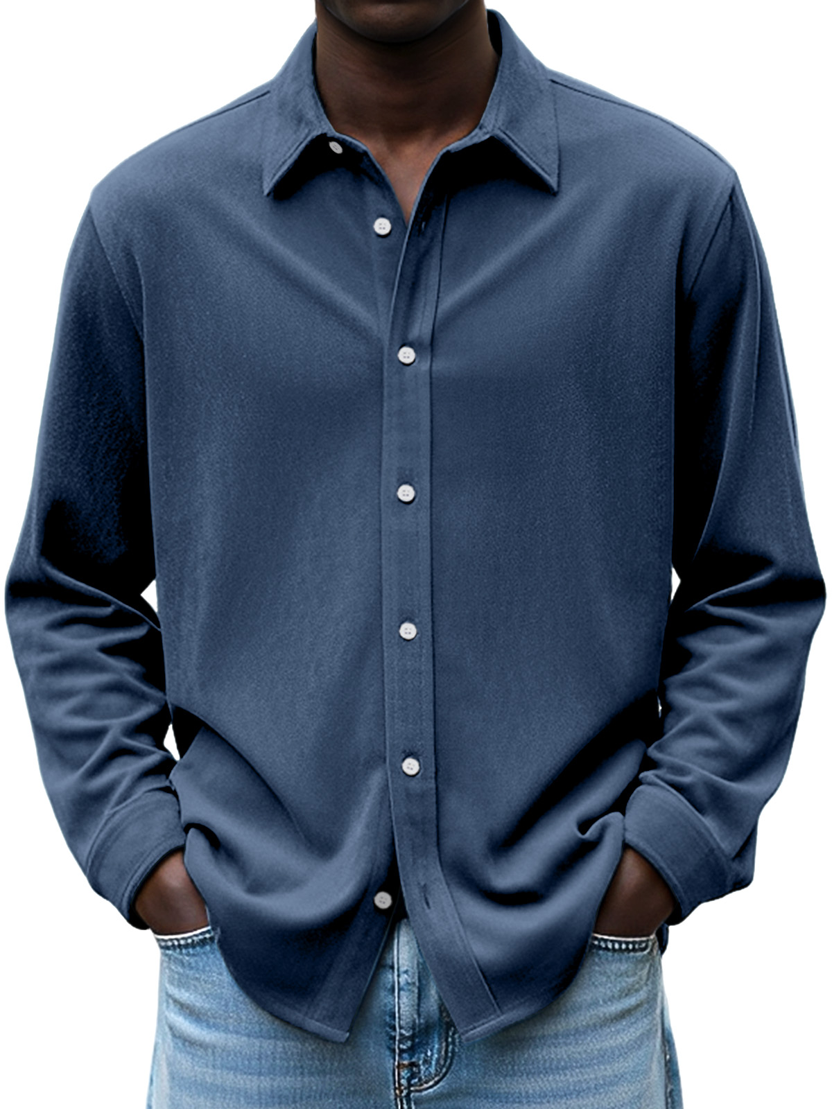 Men's Simple Daily Casual Design Suede Solid Color Lapel Long-sleeved Shirt