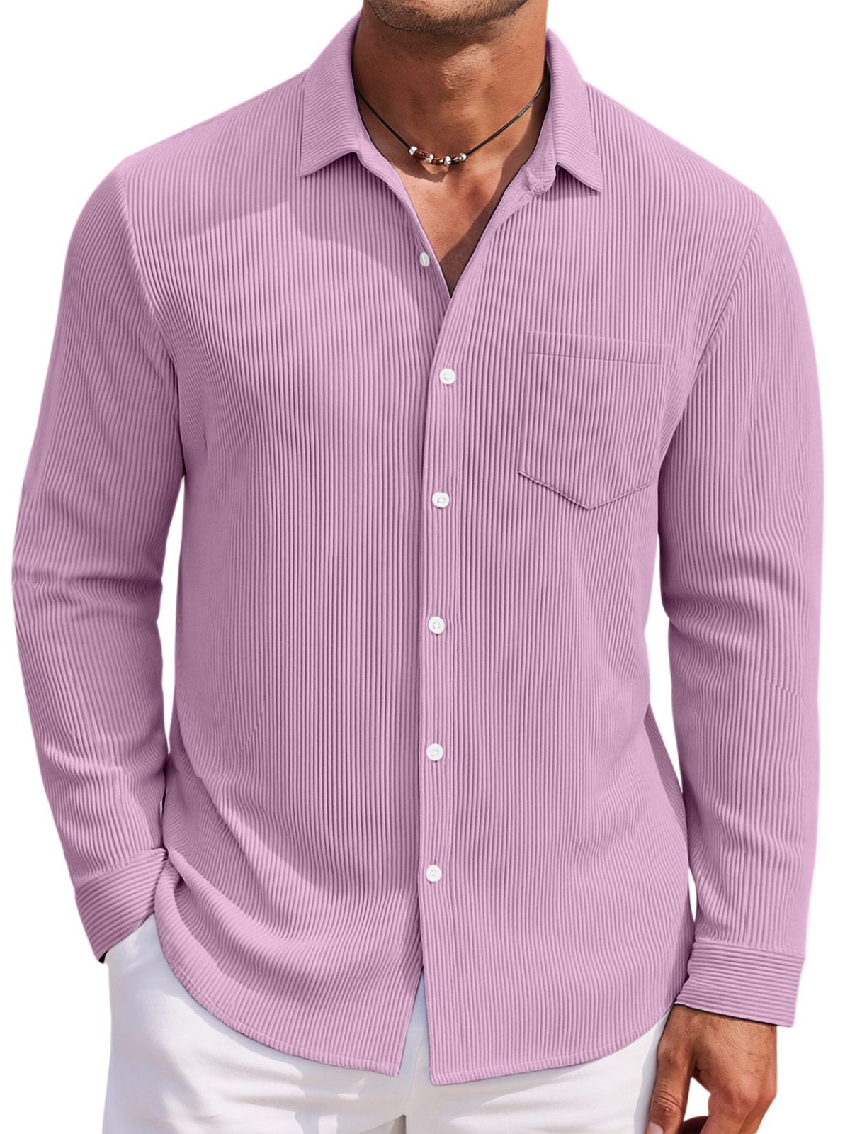 Men's Loose Daily Breathable Solid Color Vertical Pit Strip Long-sleeved Shirt