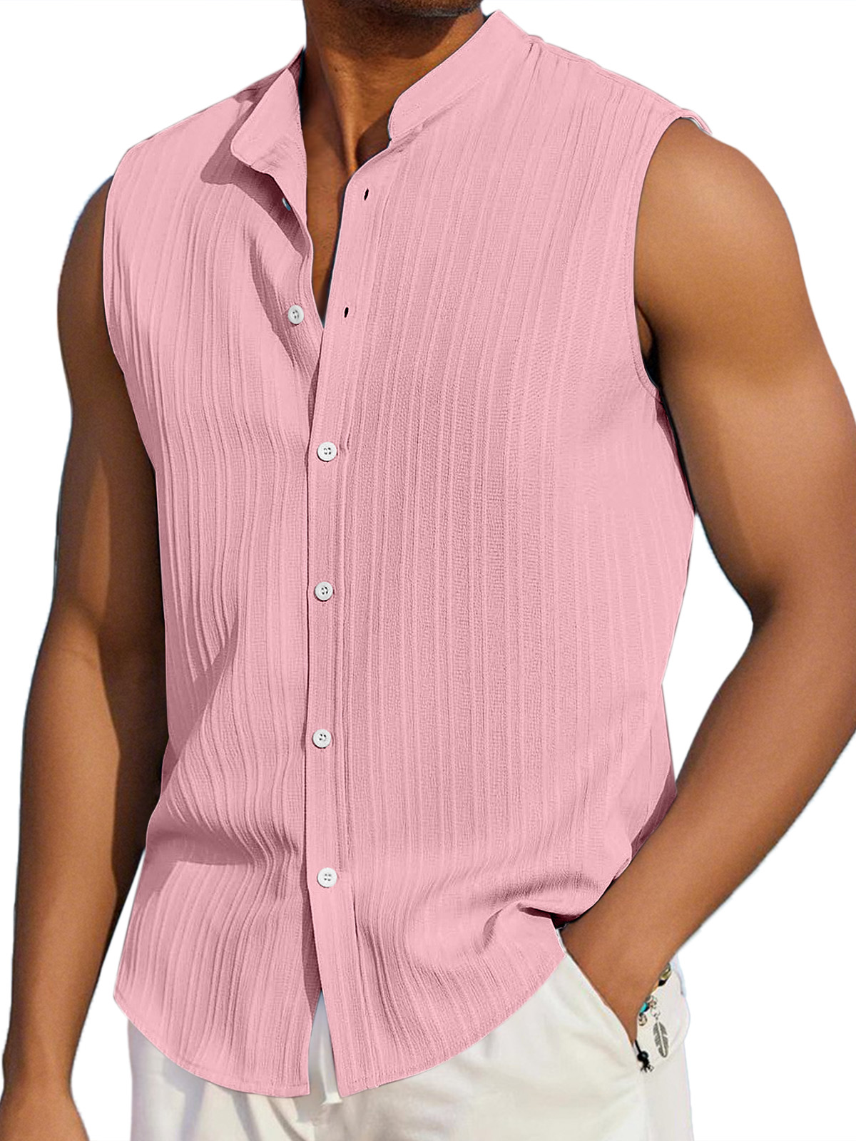 Men's Summer Casual Solid Color Vertical Stripe Loose Lapel Button Sleeveless Shirt