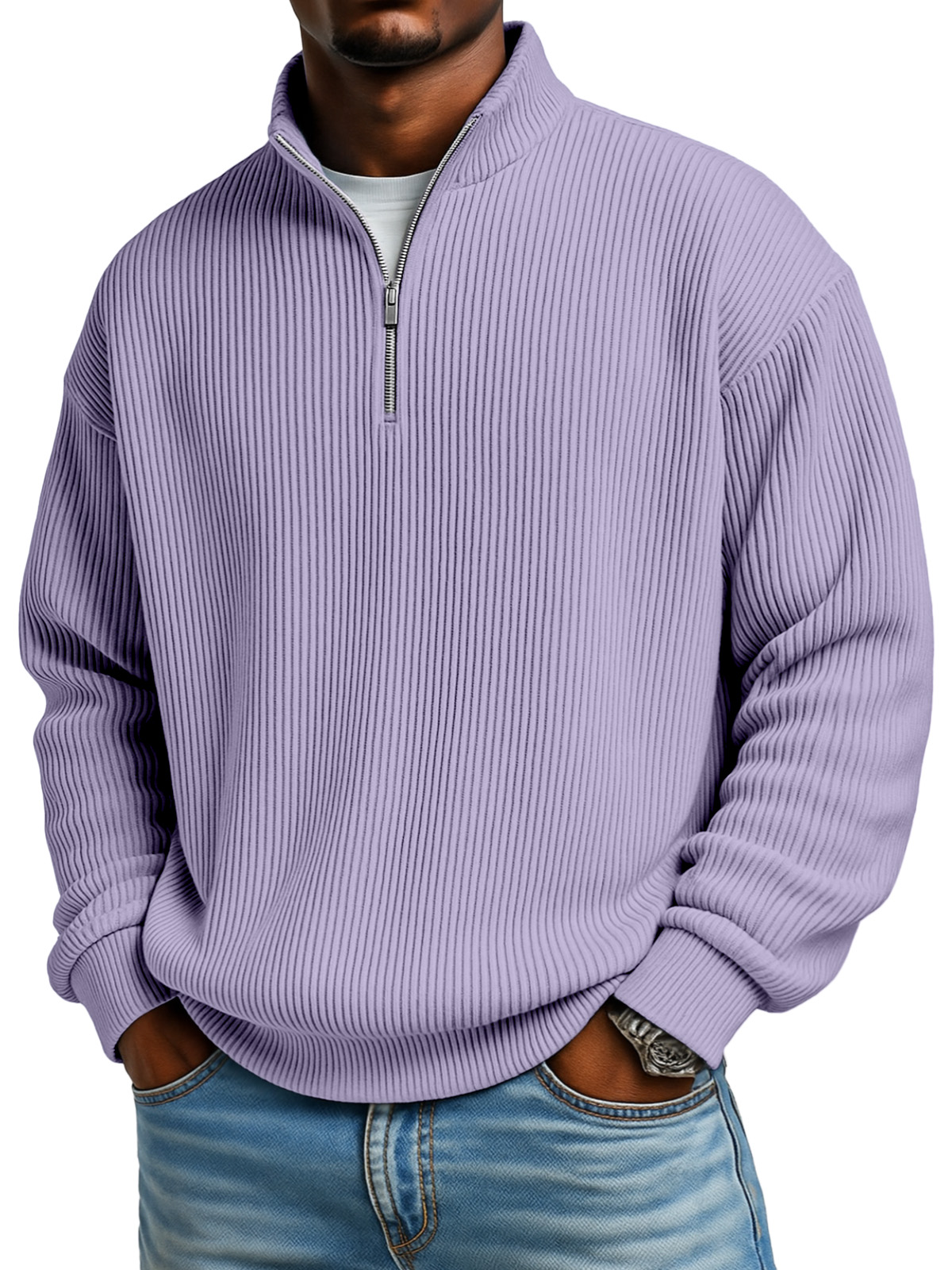 Men's Solid Color Vertical Pit Texture Stand Collar Zipper Long Sleeve Sweater
