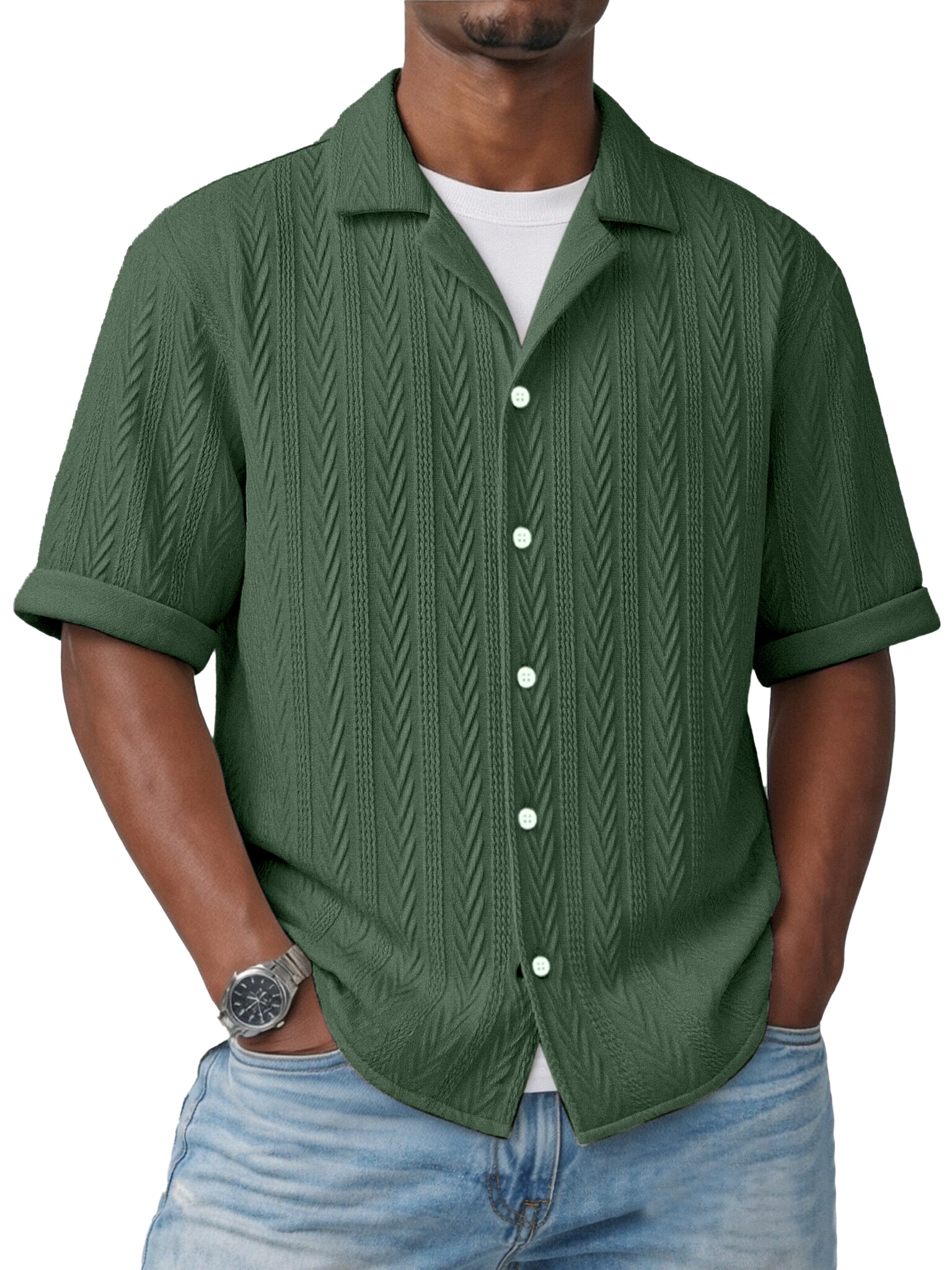Simple Everyday Textured Short-sleeved Cuban Collar Shirt
