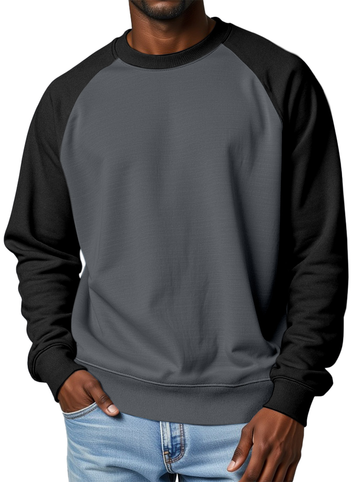 Men's 360g Cotton Solid Color Casual Raglan Round Neck Long-sleeved Sweatshirt