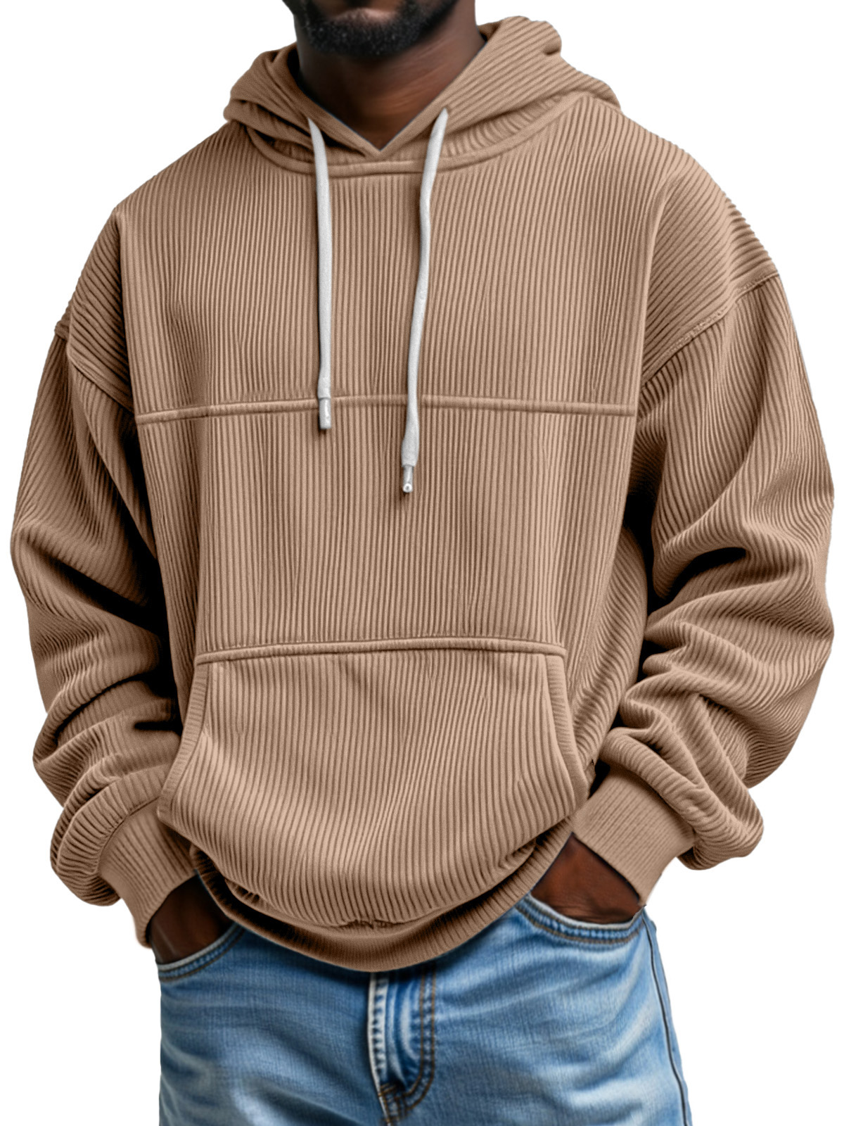Men's Simple And Comfortable Vertical Pit Striped Loose Hooded Sweatshirt