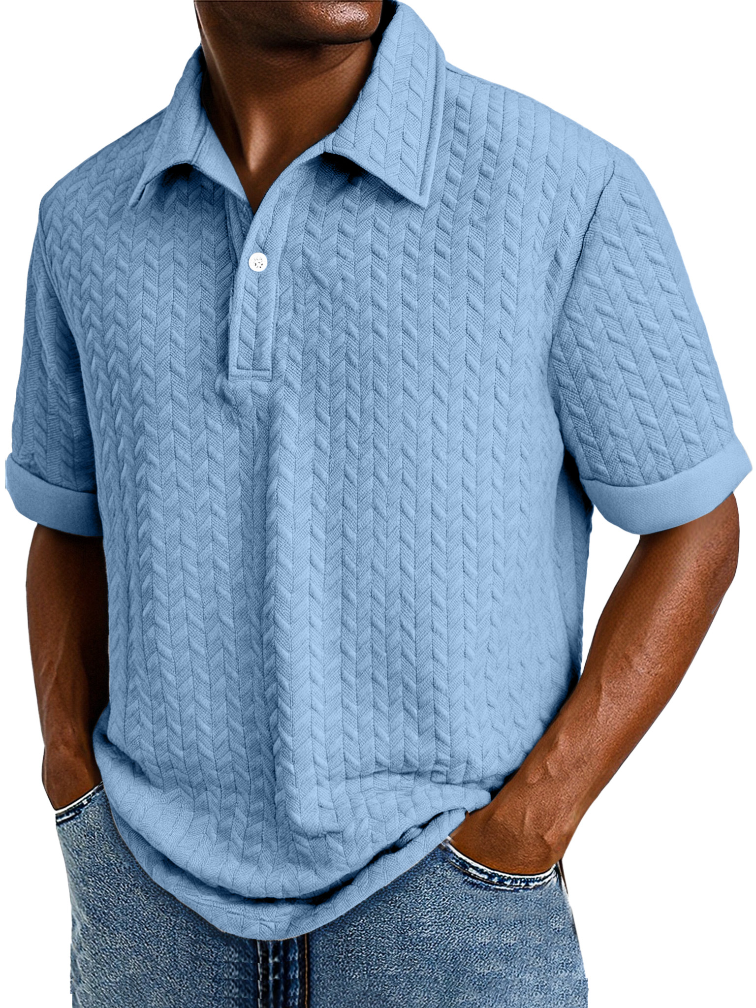 Men's Comfortable Solid Color Textured Short-sleeved Lapel Polo Shirt