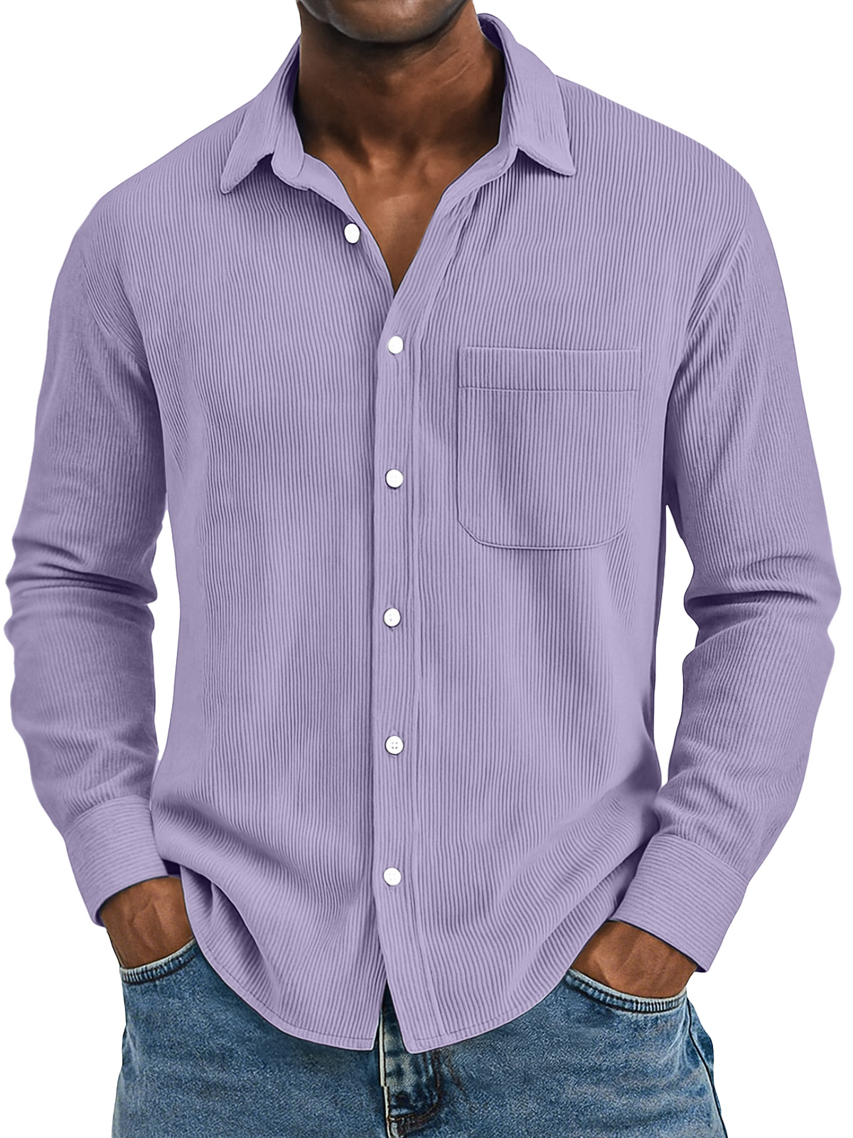 Men's Casual Solid Color Vertical Pit Strip Pocket Lapel Long-sleeved Shirt